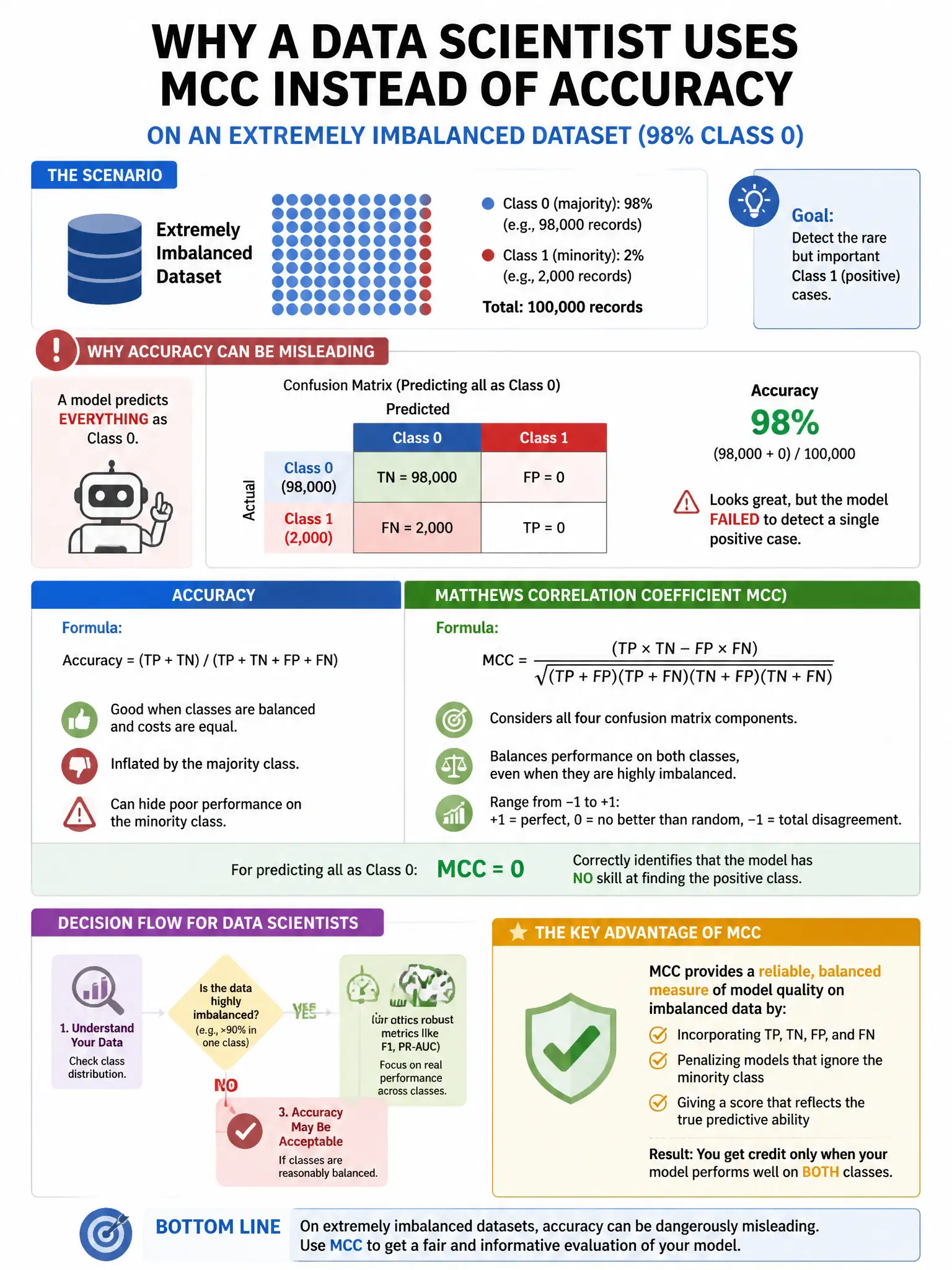 Portrait educational infographic teaching: A data scientist uses the Matthews Correlation Coefficient (MCC) instead of accuracy on an extremely imbalanced dataset where 98% of records are class 0. What is the key advantage . Show labeled components, decision flow, and the key distinction that makes the correct answer correct. Clean modern diagram style.