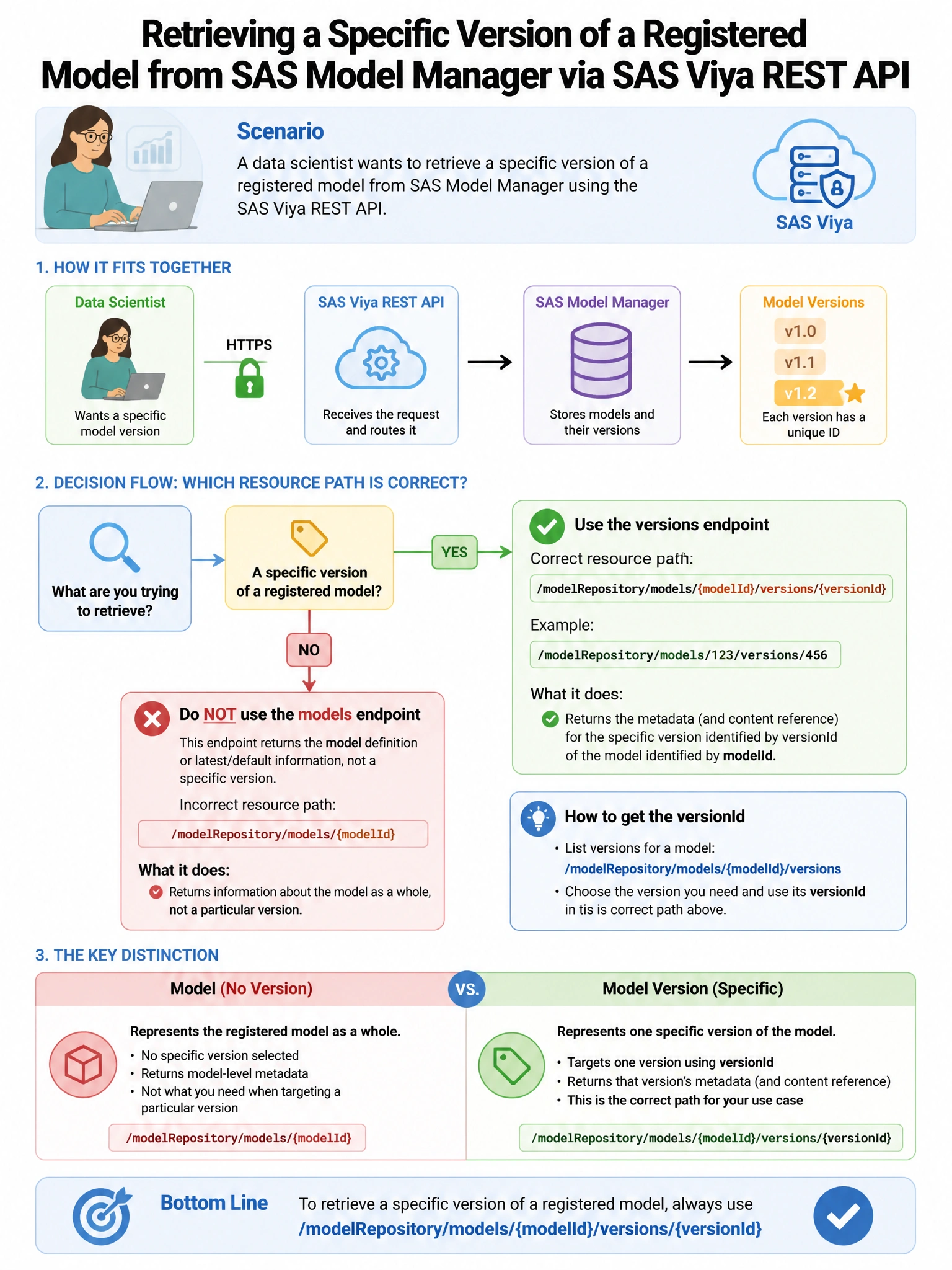 Portrait educational infographic teaching: A data scientist wants to retrieve a specific version of a registered model from SAS Model Manager via the SAS Viya REST API. Which resource path is correct?. Show labeled components, decision flow, and the key distinction that makes the correct answer correct. Clean modern diagram style.