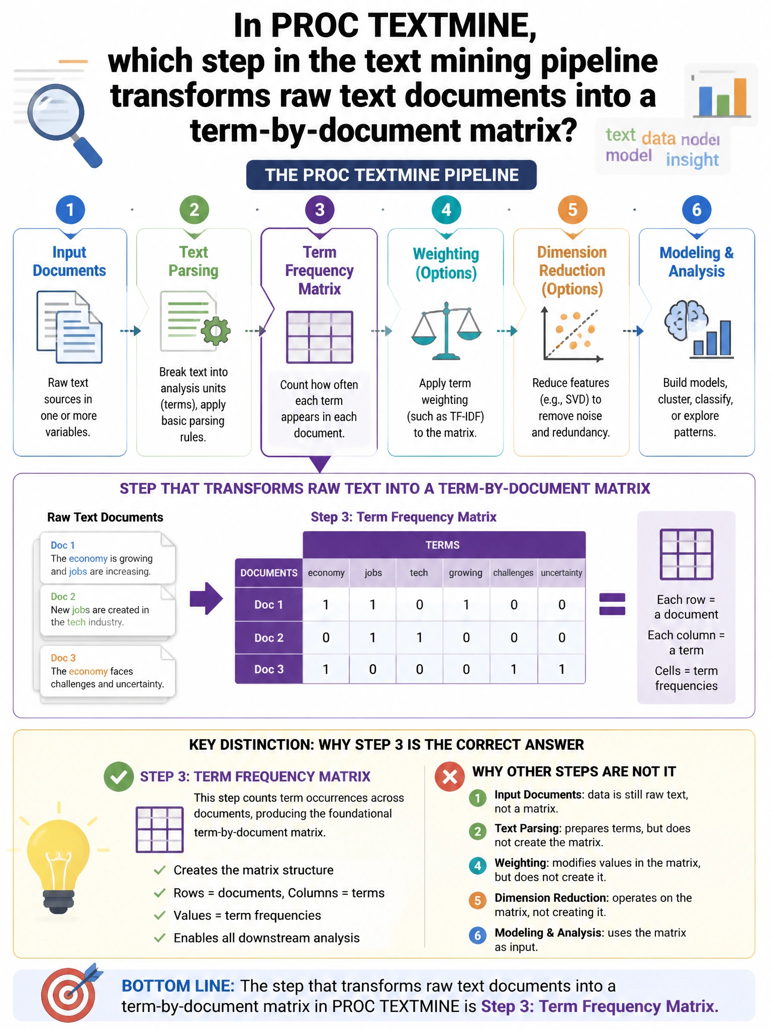 Portrait educational infographic teaching: In PROC TEXTMINE, which step in the text mining pipeline transforms raw text documents into a term-by-document matrix?. Show labeled components, decision flow, and the key distinction that makes the correct answer correct. Clean modern diagram style.
