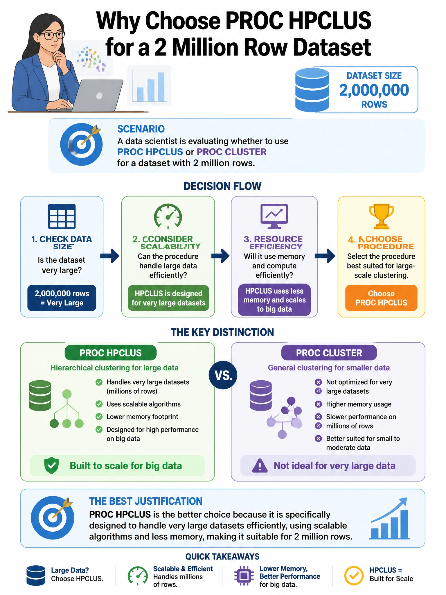 Portrait educational infographic teaching: A data scientist is evaluating whether to use PROC HPCLUS or PROC CLUSTER for a dataset with 2 million rows. Which statement best justifies the choice of PROC HPCLUS?. Show labeled components, decision flow, and the key distinction that makes the correct answer correct. Clean modern diagram style.
