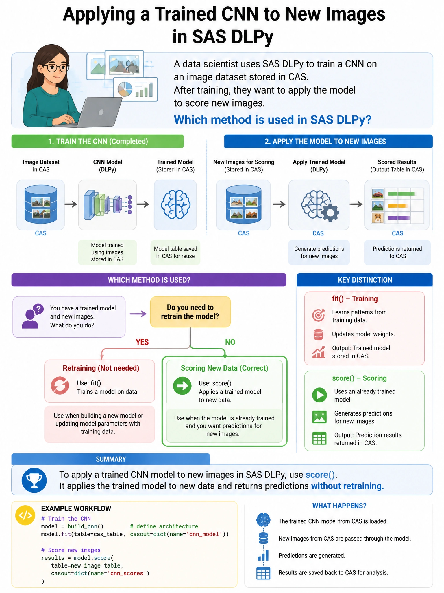 Portrait educational infographic teaching: A data scientist uses SAS DLPy to train a CNN on an image dataset stored in CAS. After training, they want to apply the model to score new images. Which method is used in SAS DLPy . Show labeled components, decision flow, and the key distinction that makes the correct answer correct. Clean modern diagram style.