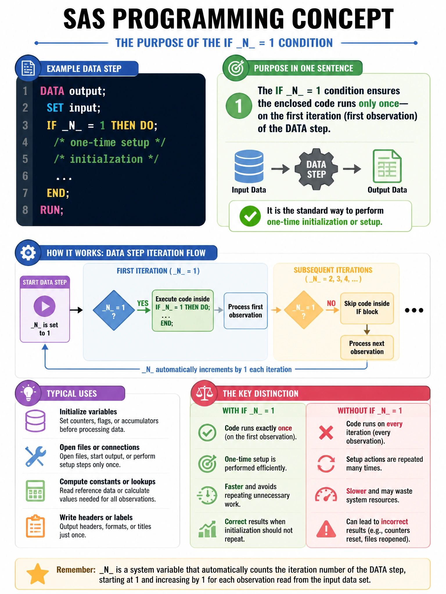 Portrait educational infographic teaching: A SAS programmer writes: DATA output; SET input; IF N = 1 THEN DO; ... END; RUN; What is the purpose of the IF N = 1 condition?. Show labeled components, decision flow, and the key distinction that makes the correct answer correct. Clean modern diagram style.