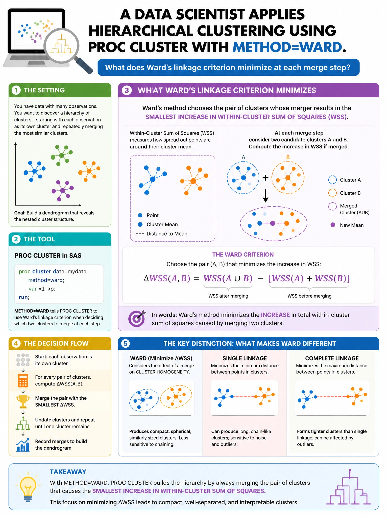 Portrait educational infographic teaching: A data scientist applies hierarchical clustering using PROC CLUSTER with METHOD=WARD. What does Ward's linkage criterion minimize at each merge step?. Show labeled components, decision flow, and the key distinction that makes the correct answer correct. Clean modern diagram style.