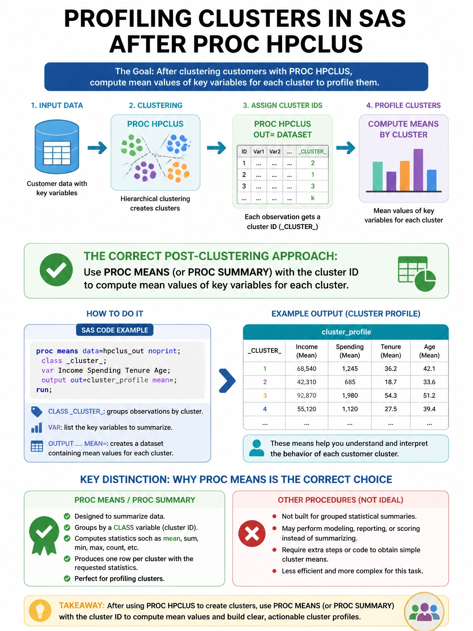 Portrait educational infographic teaching: In SAS, a data scientist applies PROC HPCLUS to segment customers and wants to profile each cluster by computing mean values of key variables. Which post-clustering approach accomp. Show labeled components, decision flow, and the key distinction that makes the correct answer correct. Clean modern diagram style.