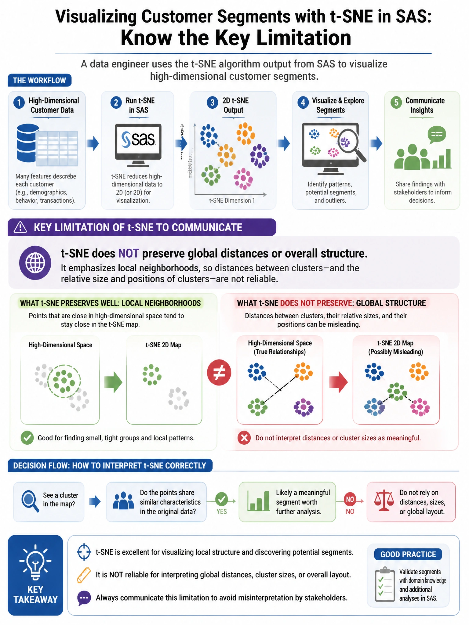 Portrait educational infographic teaching: A data engineer uses the t-SNE algorithm output from SAS to visualize high-dimensional customer segments. What is a key limitation of t-SNE that the engineer should communicate to . Show labeled components, decision flow, and the key distinction that makes the correct answer correct. Clean modern diagram style.
