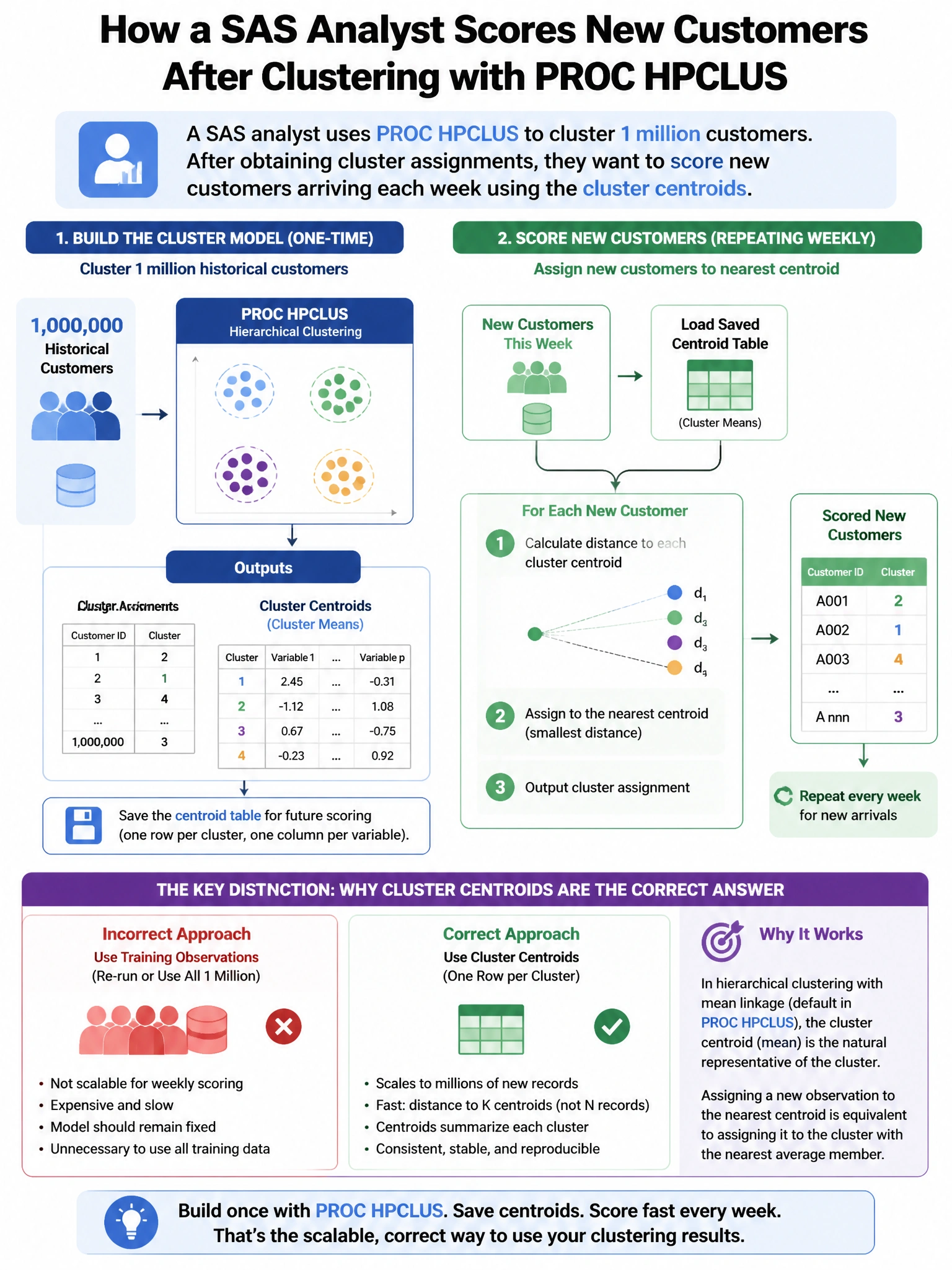 Portrait educational infographic teaching: A SAS analyst uses PROC HPCLUS to cluster 1 million customers. After obtaining cluster assignments, they want to score new customers arriving each week using the cluster centroids.. Show labeled components, decision flow, and the key distinction that makes the correct answer correct. Clean modern diagram style.