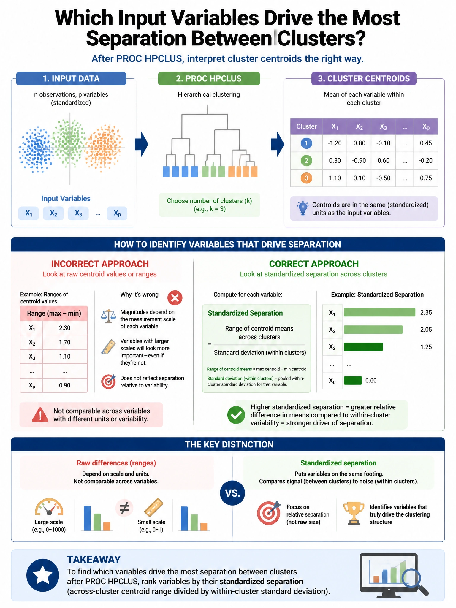 Portrait educational infographic teaching: A data scientist applies PROC HPCLUS and obtains cluster centroids. They want to interpret which input variables drive the most separation between clusters. Which approach best ide. Show labeled components, decision flow, and the key distinction that makes the correct answer correct. Clean modern diagram style.