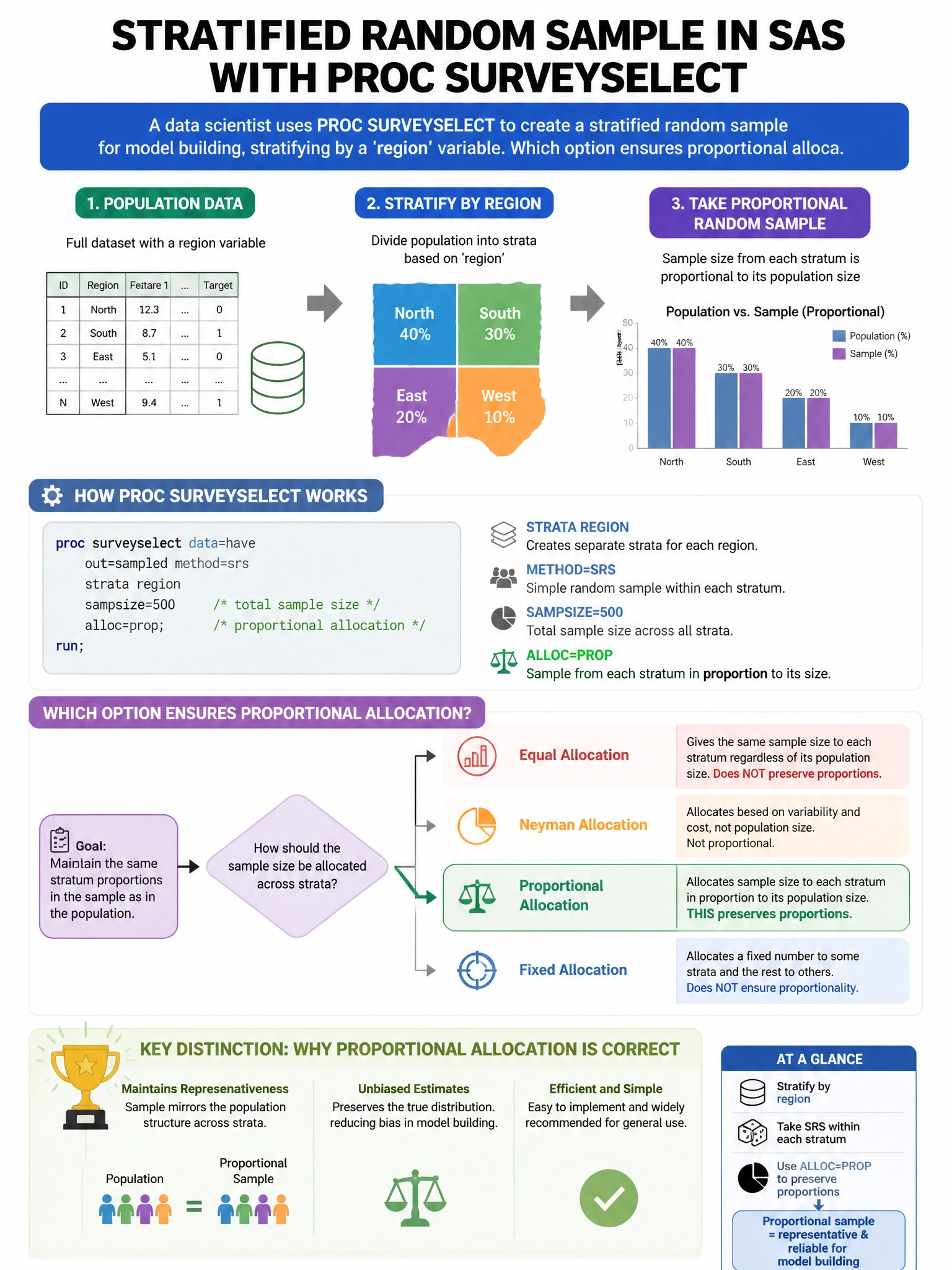 Portrait educational infographic teaching: A data scientist uses PROC SURVEYSELECT in SAS to create a stratified random sample for model building, stratifying by a 'region' variable. Which option ensures proportional alloca. Show labeled components, decision flow, and the key distinction that makes the correct answer correct. Clean modern diagram style.