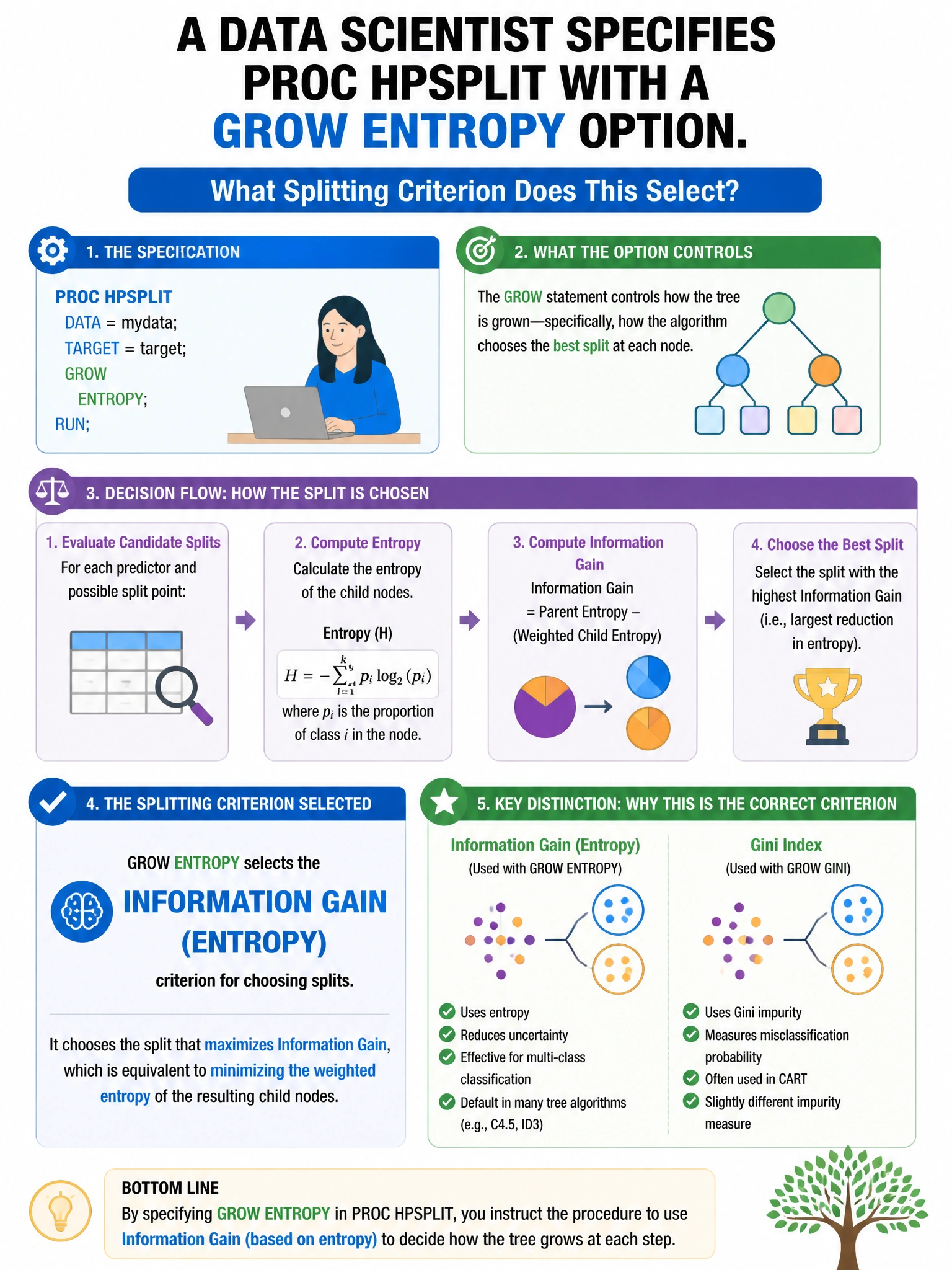 Portrait educational infographic teaching: A data scientist specifies PROC HPSPLIT with a GROW ENTROPY option. What splitting criterion does this select?. Show labeled components, decision flow, and the key distinction that makes the correct answer correct. Clean modern diagram style.