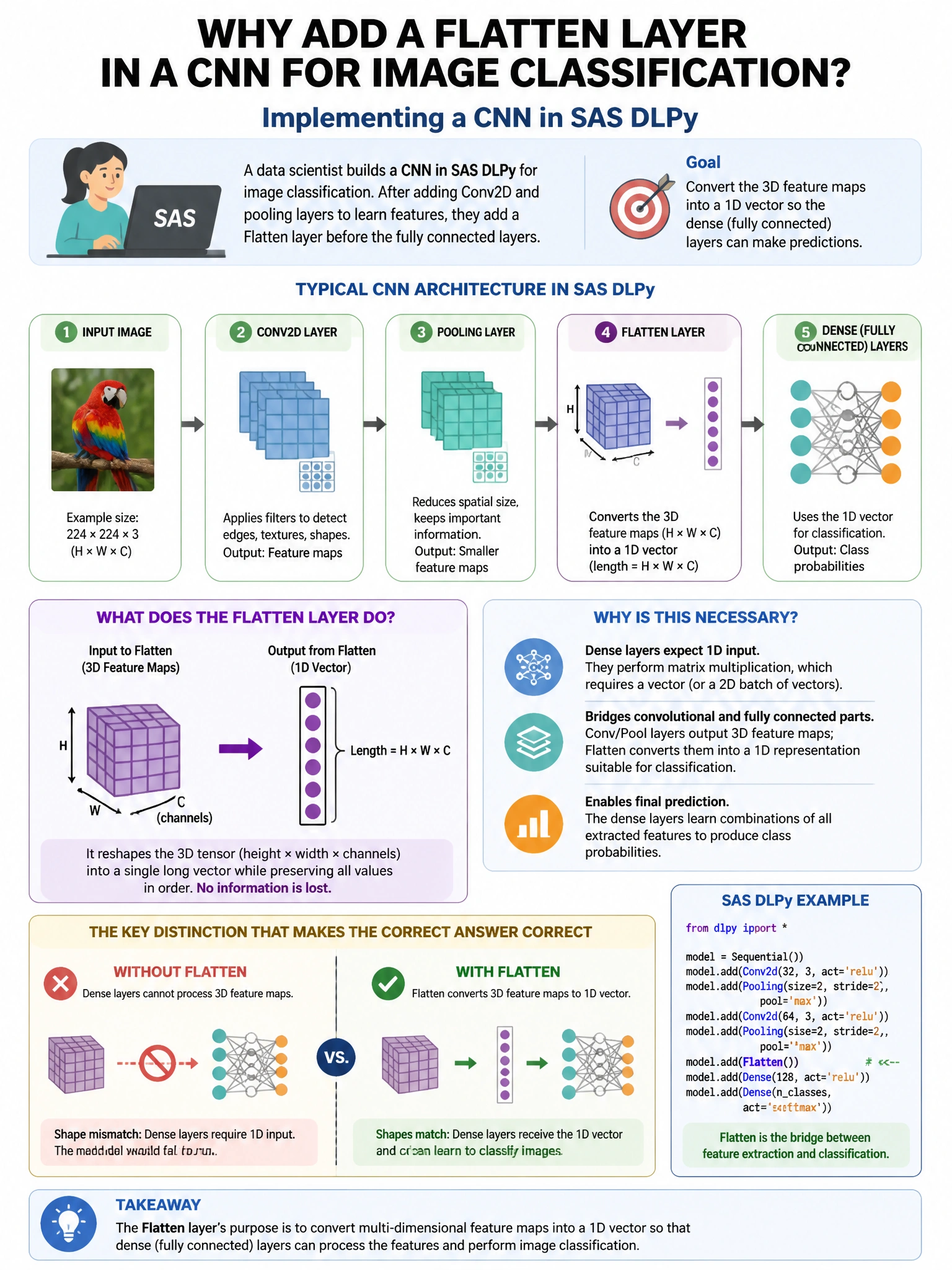 Portrait educational infographic teaching: A data scientist implements a convolutional neural network in SAS DLPy for image classification. After adding Conv2D and pooling layers, they add a Flatten layer. What is the purpo. Show labeled components, decision flow, and the key distinction that makes the correct answer correct. Clean modern diagram style.