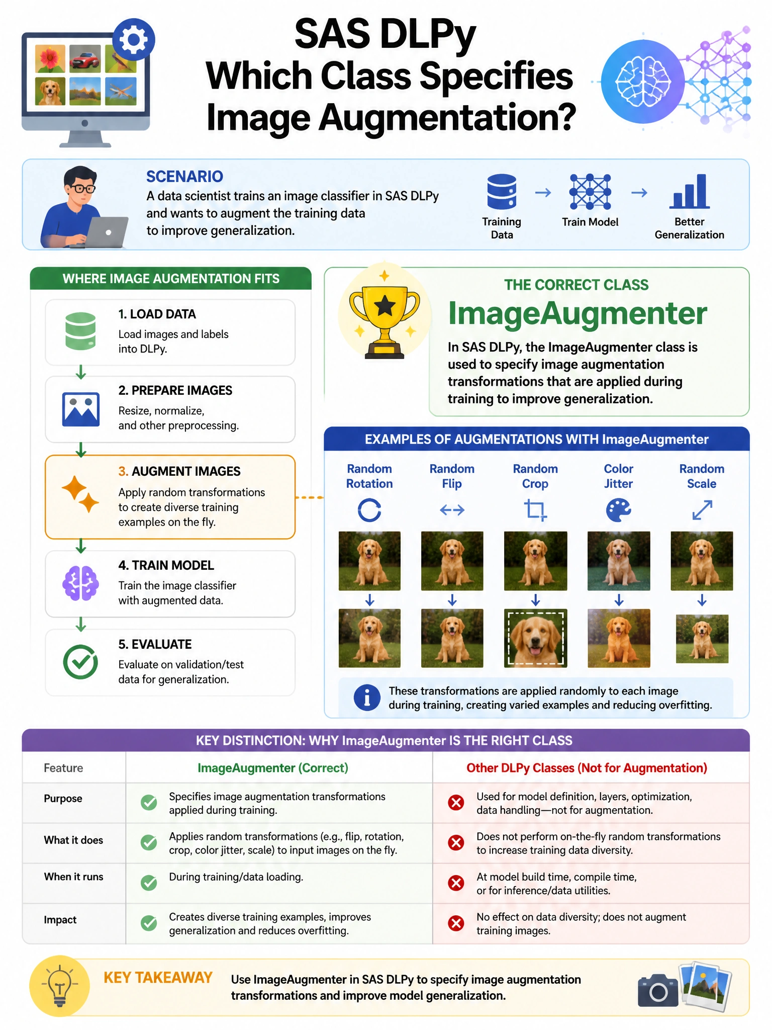 Portrait educational infographic teaching: In SAS DLPy, a data scientist trains an image classifier and wants to augment the training data to improve generalization. Which DLPy class is used to specify image augmentation tr. Show labeled components, decision flow, and the key distinction that makes the correct answer correct. Clean modern diagram style.