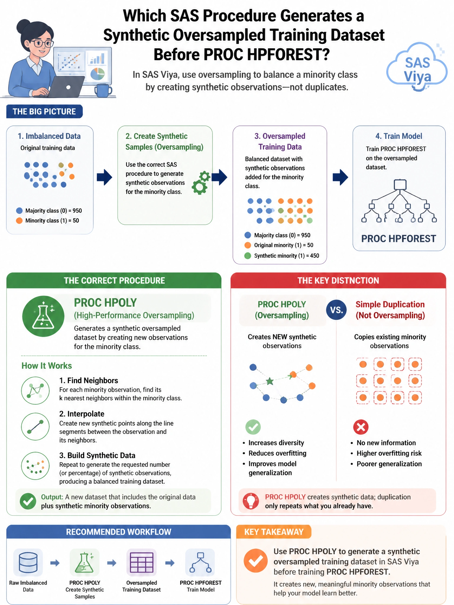 Portrait educational infographic teaching: A data scientist in SAS Viya wants to apply oversampling to a minority class before training PROC HPFOREST. Which SAS procedure generates a synthetic oversampled training dataset u. Show labeled components, decision flow, and the key distinction that makes the correct answer correct. Clean modern diagram style.