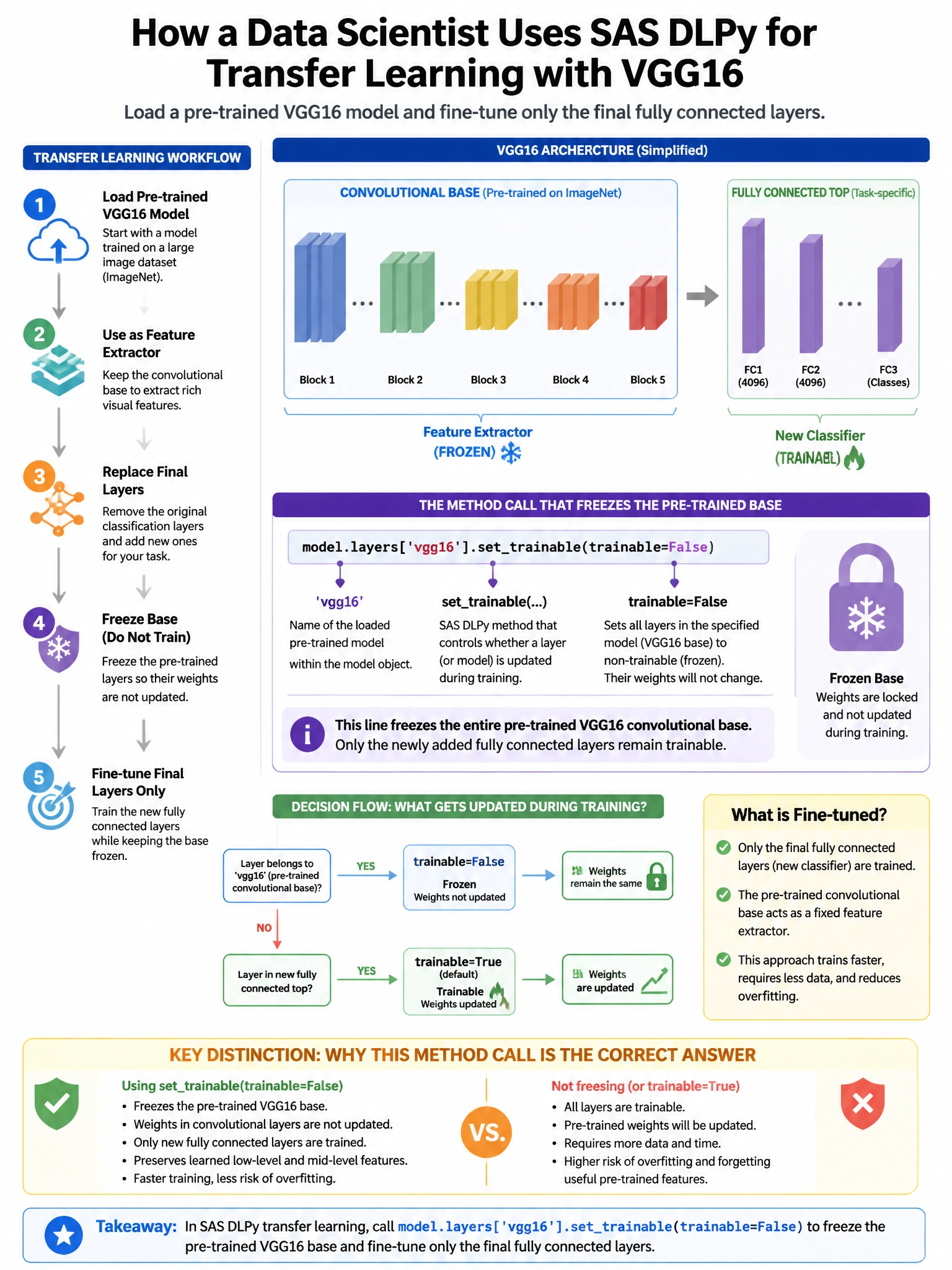 Portrait educational infographic teaching: A data scientist uses SAS DLPy to apply transfer learning by loading a pre-trained VGG16 model and fine-tuning only the final fully connected layers. Which method call freezes the . Show labeled components, decision flow, and the key distinction that makes the correct answer correct. Clean modern diagram style.