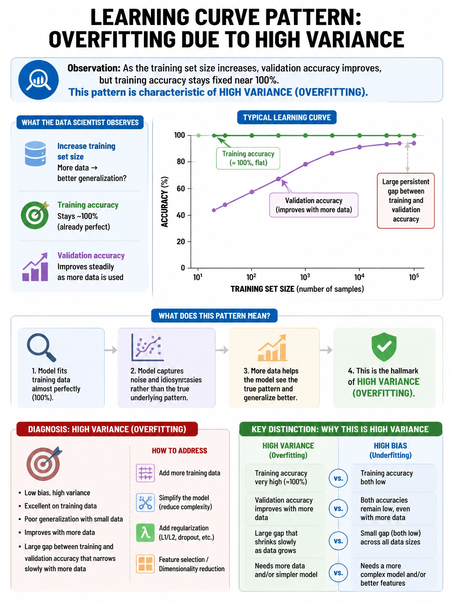 Portrait educational infographic teaching: A data scientist observes that increasing training set size improves validation accuracy but training accuracy stays fixed near 100%. This learning curve pattern is characteristic . Show labeled components, decision flow, and the key distinction that makes the correct answer correct. Clean modern diagram style.