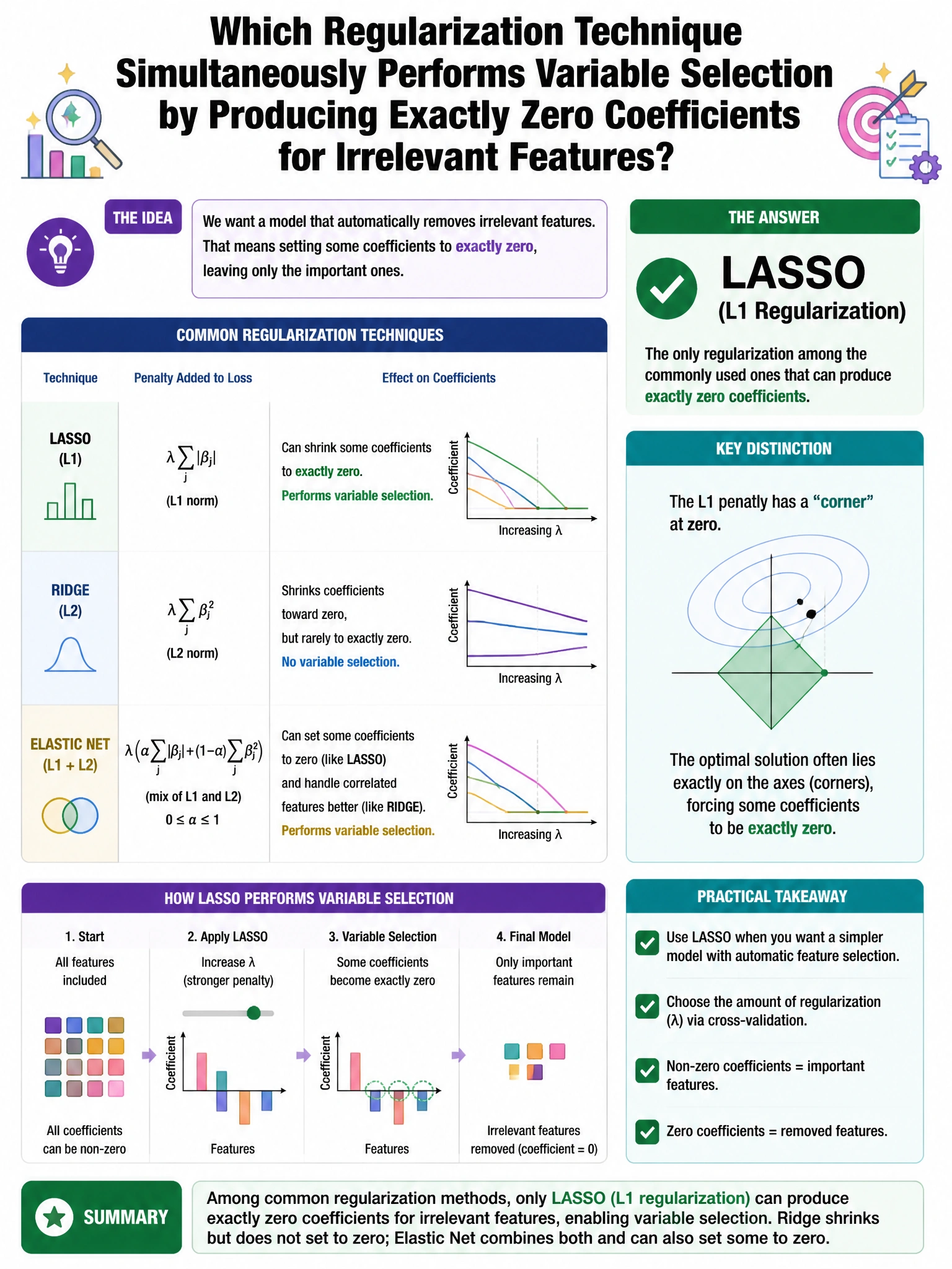 Portrait educational infographic teaching: Which regularization technique simultaneously performs variable selection by producing exactly zero coefficients for irrelevant features?. Show labeled components, decision flow, and the key distinction that makes the correct answer correct. Clean modern diagram style.
