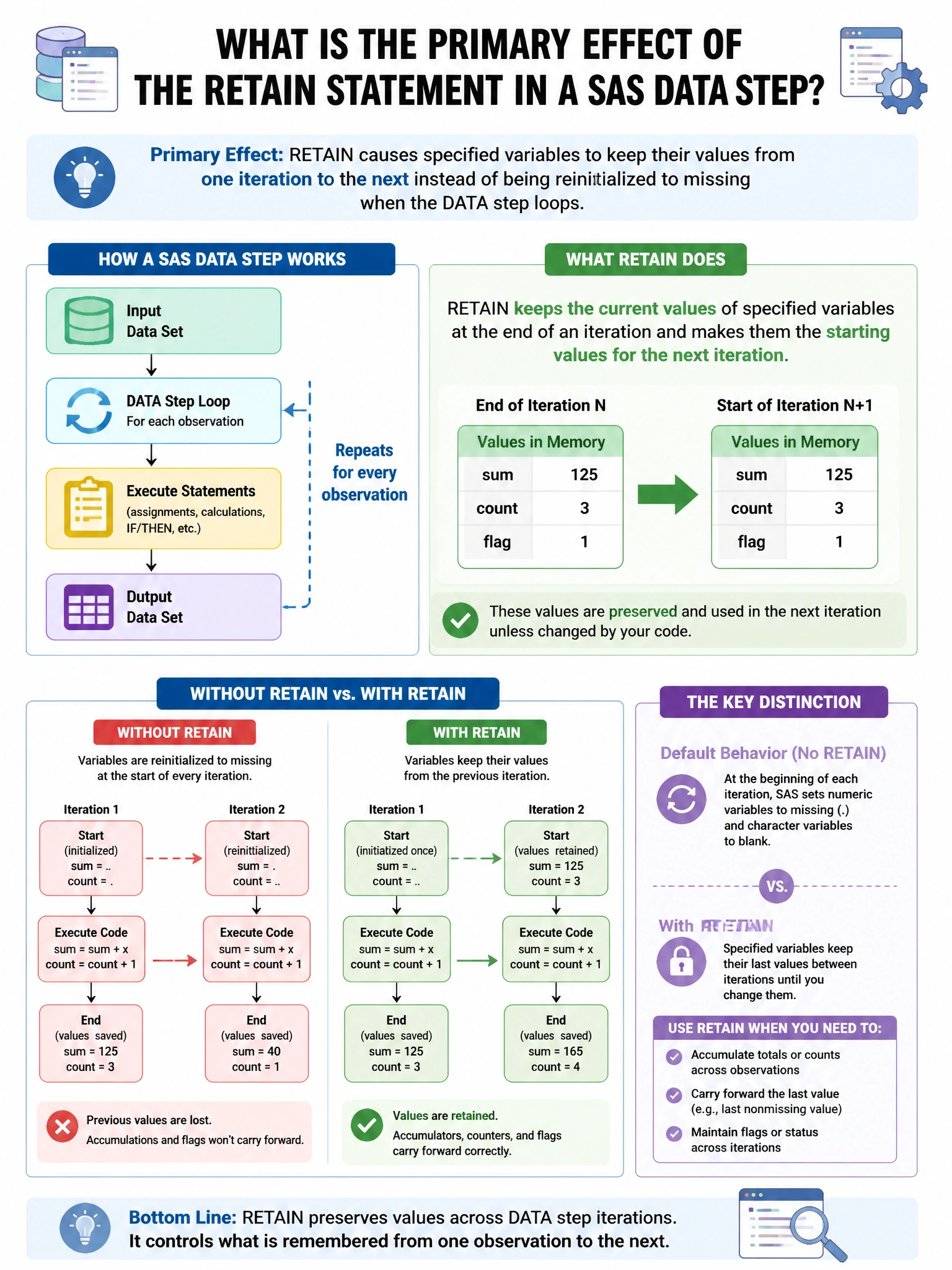 Portrait educational infographic teaching: What is the primary effect of the RETAIN statement in a SAS DATA step?. Show labeled components, decision flow, and the key distinction that makes the correct answer correct. Clean modern diagram style.