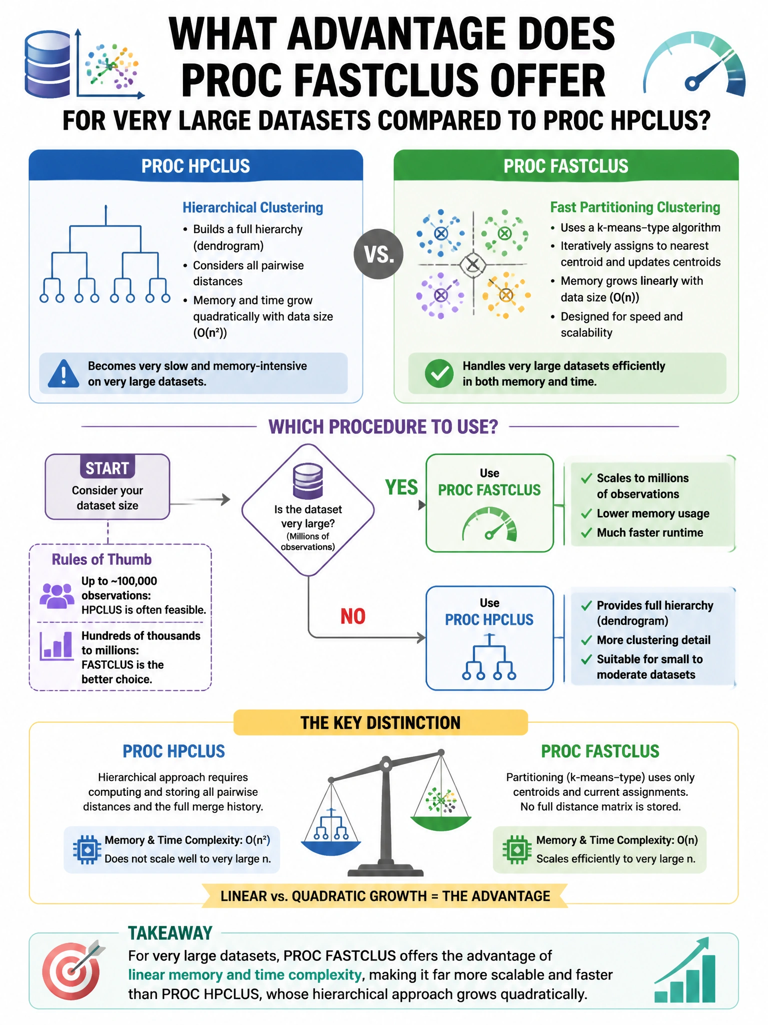 Portrait educational infographic teaching: What advantage does PROC FASTCLUS offer for very large datasets compared to PROC HPCLUS?. Show labeled components, decision flow, and the key distinction that makes the correct answer correct. Clean modern diagram style.