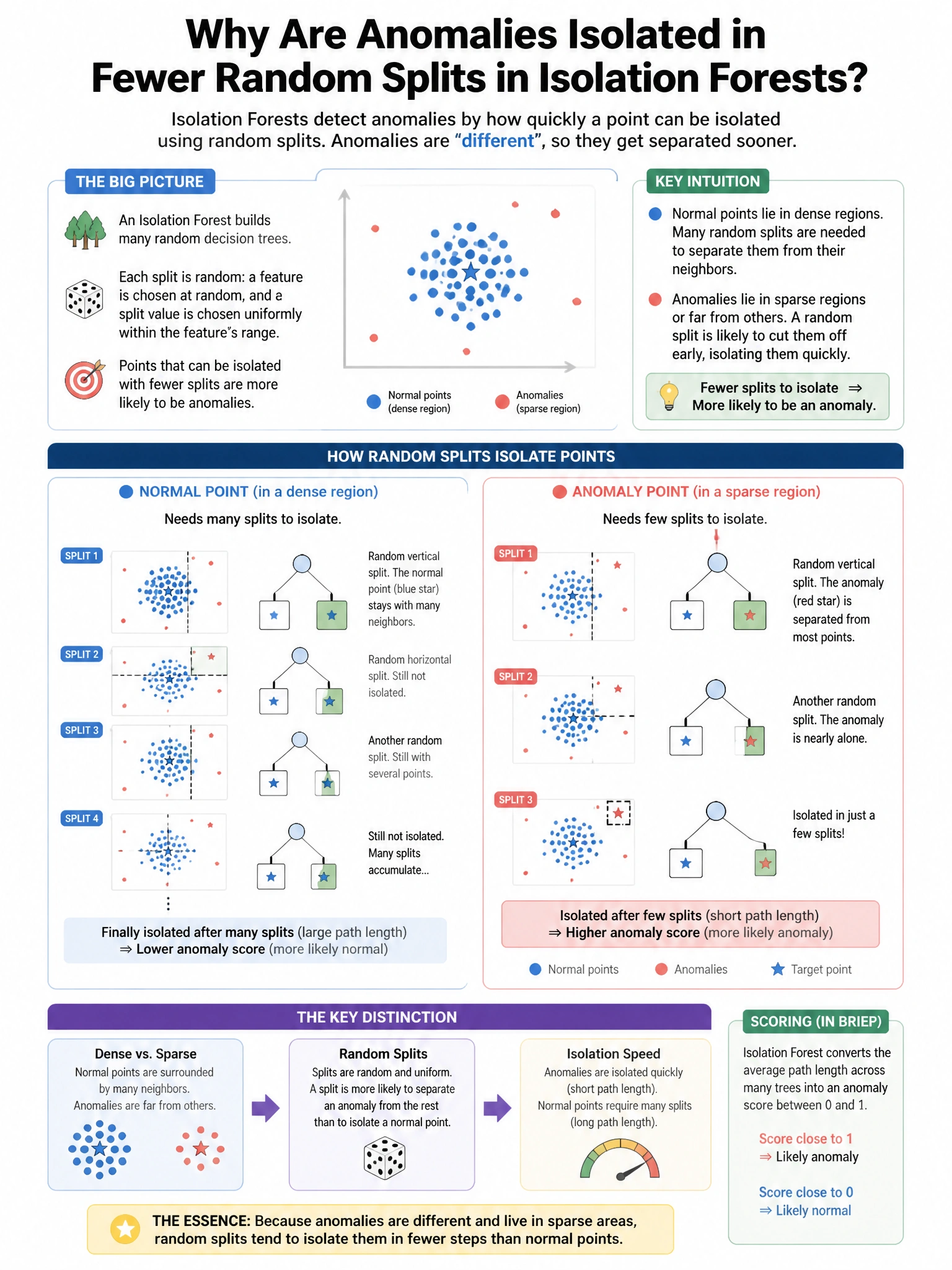 Portrait educational infographic teaching: In isolation forests for anomaly detection, why are anomalies isolated in fewer random splits than normal points?. Show labeled components, decision flow, and the key distinction that makes the correct answer correct. Clean modern diagram style.