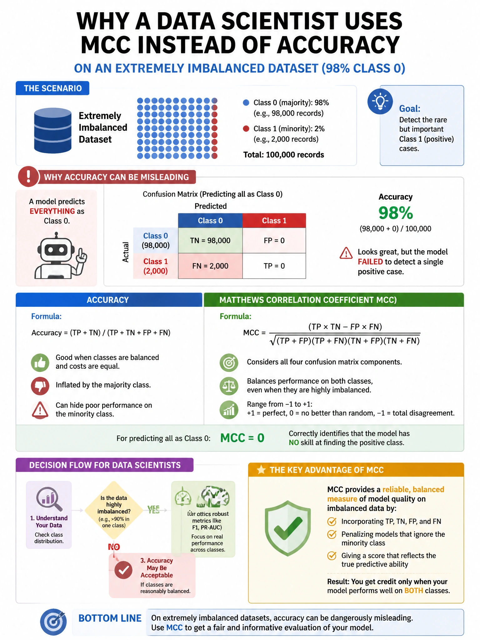 Portrait educational infographic teaching: A data scientist uses the Matthews Correlation Coefficient (MCC) instead of accuracy on an extremely imbalanced dataset where 98% of records are class 0. What is the key advantage . Show labeled components, decision flow, and the key distinction that makes the correct answer correct. Clean modern diagram style.