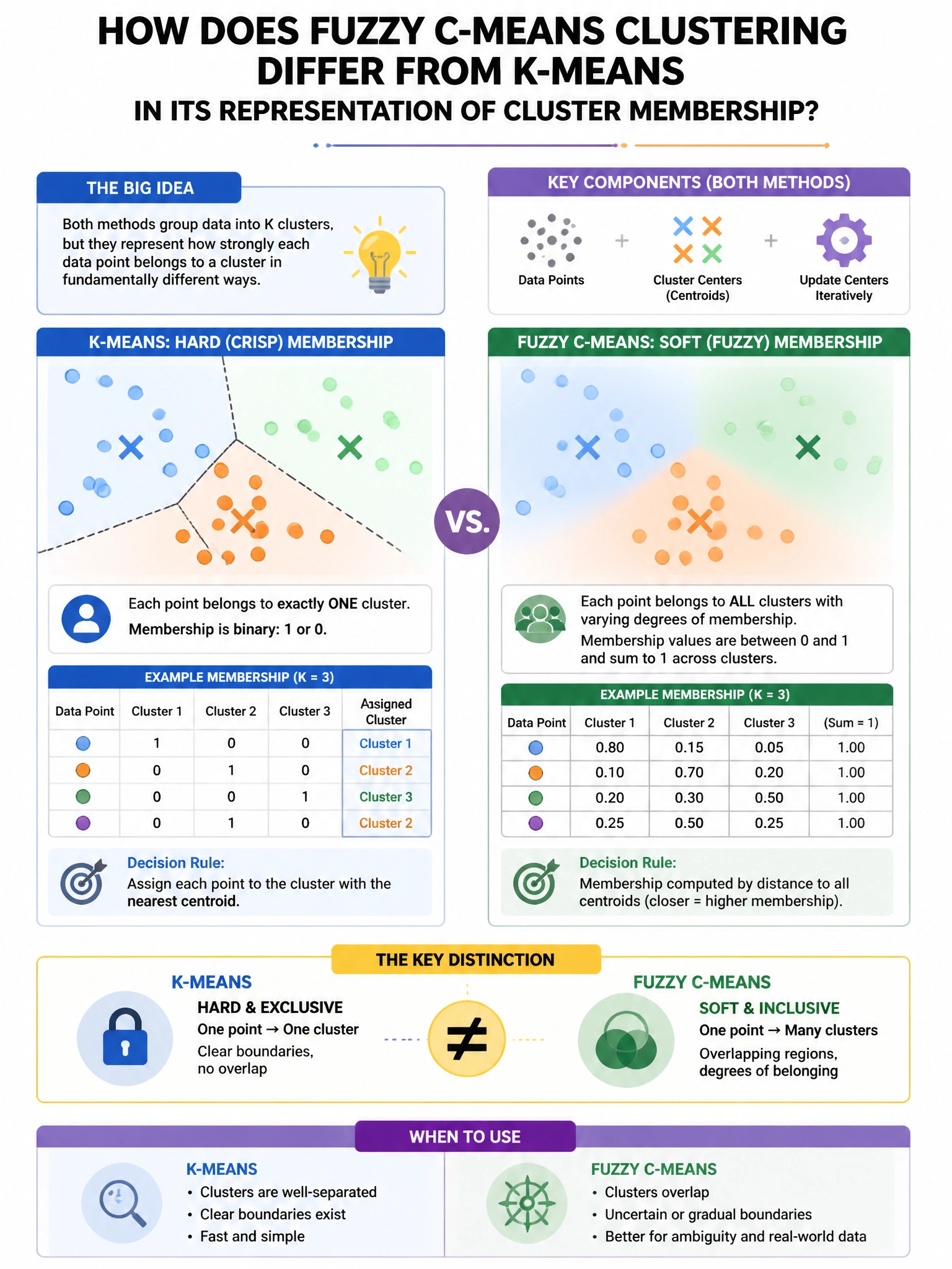 Portrait educational infographic teaching: How does fuzzy C-means clustering differ from k-means in its representation of cluster membership?. Show labeled components, decision flow, and the key distinction that makes the correct answer correct. Clean modern diagram style.