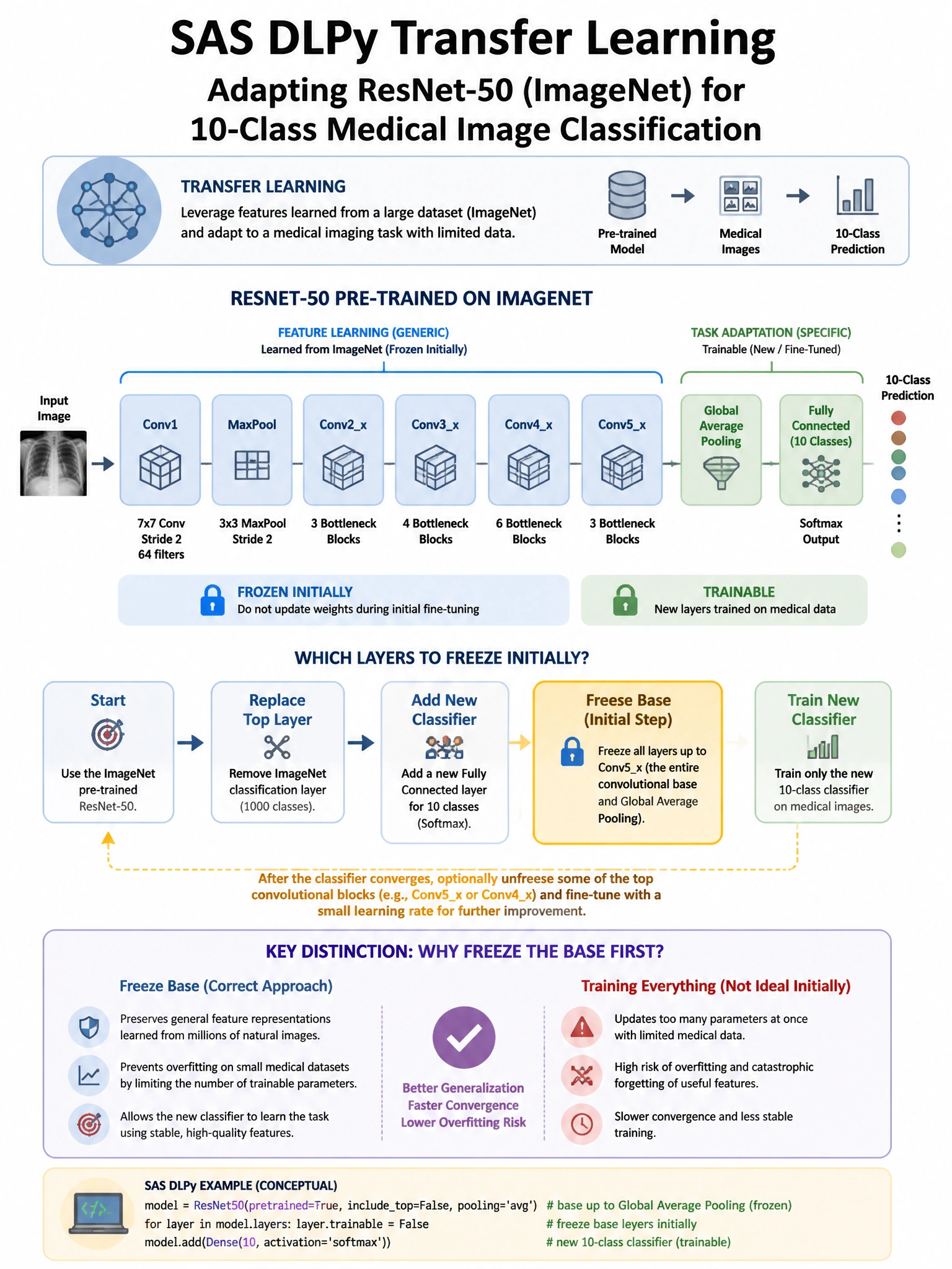 Portrait educational infographic teaching: In SAS DLPy transfer learning, a ResNet-50 pre-trained on ImageNet is adapted for a 10-class medical image classification task. Which layers should initially be frozen during fine-. Show labeled components, decision flow, and the key distinction that makes the correct answer correct. Clean modern diagram style.