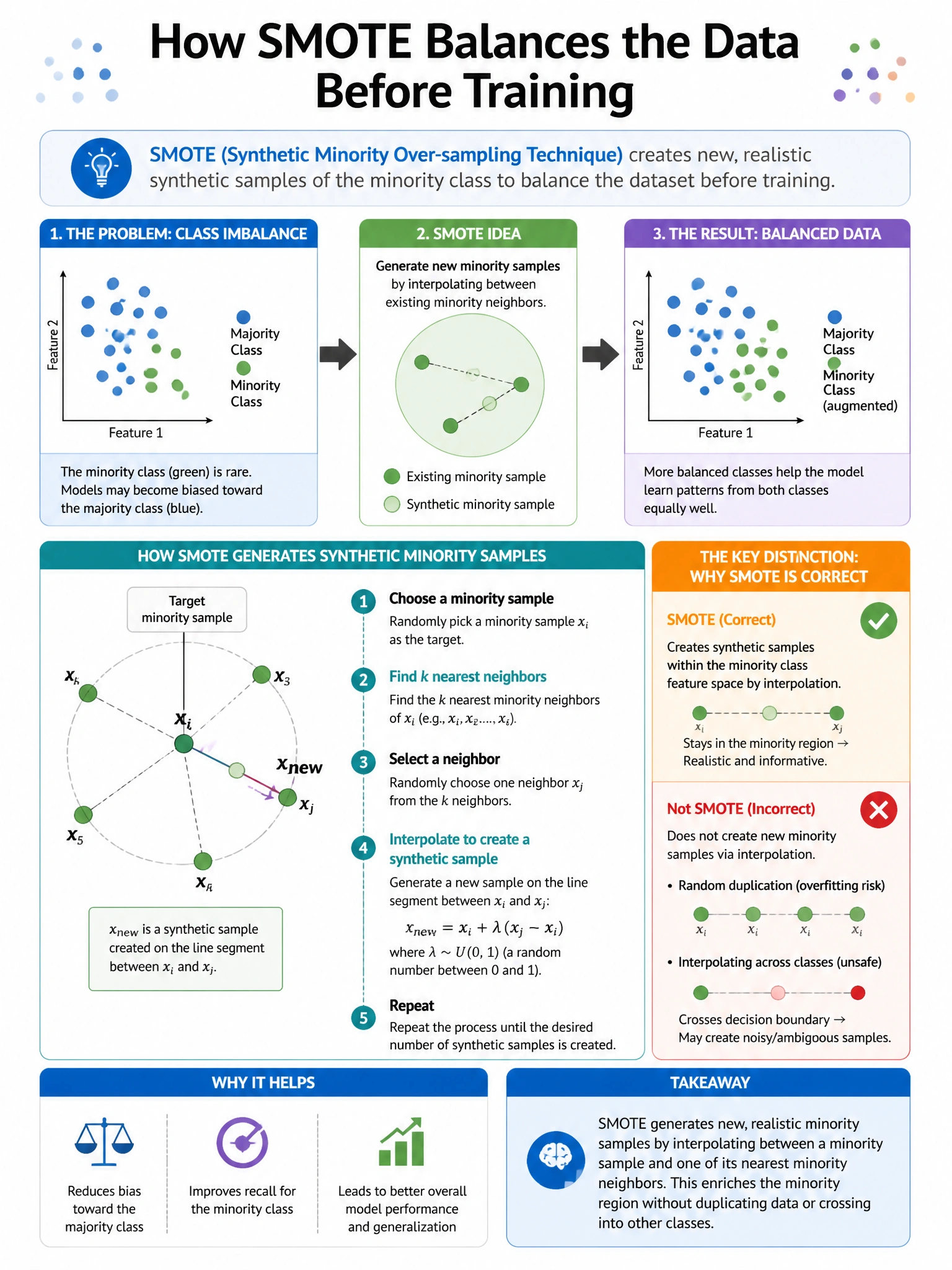Portrait educational infographic teaching: A researcher applies SMOTE (Synthetic Minority Over-sampling Technique) to address class imbalance before training. What synthetic minority samples does SMOTE generate?. Show labeled components, decision flow, and the key distinction that makes the correct answer correct. Clean modern diagram style.