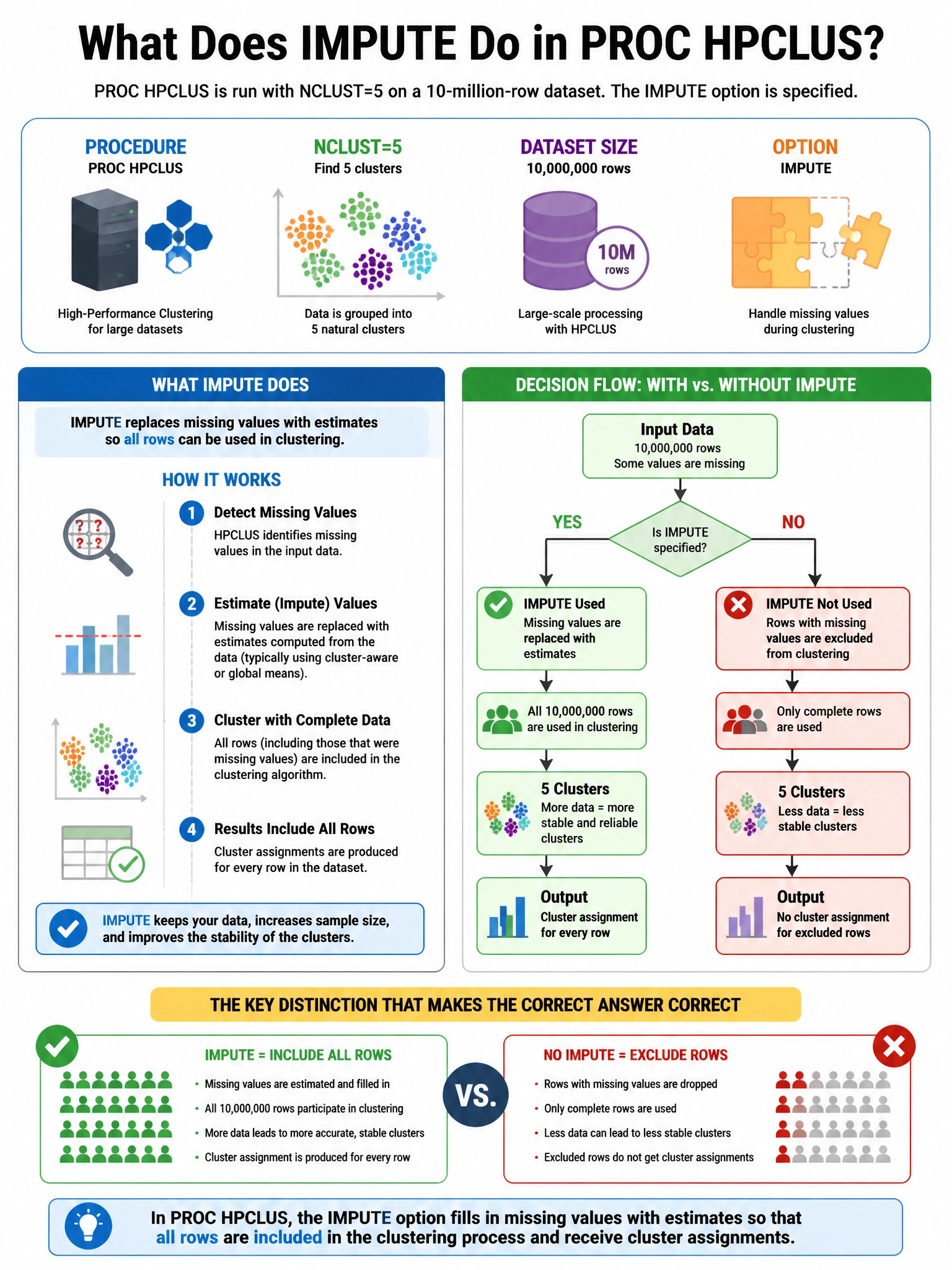 Portrait educational infographic teaching: PROC HPCLUS is run with NCLUST=5 on a 10-million-row dataset. The IMPUTE option is specified. What does IMPUTE do in PROC HPCLUS?. Show labeled components, decision flow, and the key distinction that makes the correct answer correct. Clean modern diagram style.