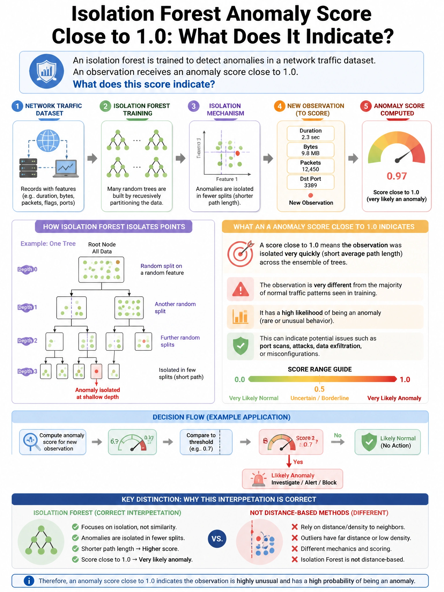 Portrait educational infographic teaching: An isolation forest is trained to detect anomalies in a network traffic dataset. An observation receives an anomaly score close to 1.0. What does this score indicate?. Show labeled components, decision flow, and the key distinction that makes the correct answer correct. Clean modern diagram style.