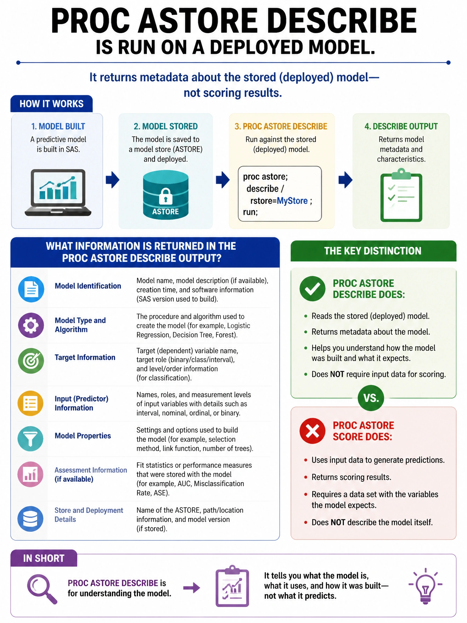 Portrait educational infographic teaching: PROC ASTORE DESCRIBE is run on a deployed model. What information is returned in the PROC ASTORE DESCRIBE output?. Show labeled components, decision flow, and the key distinction that makes the correct answer correct. Clean modern diagram style.