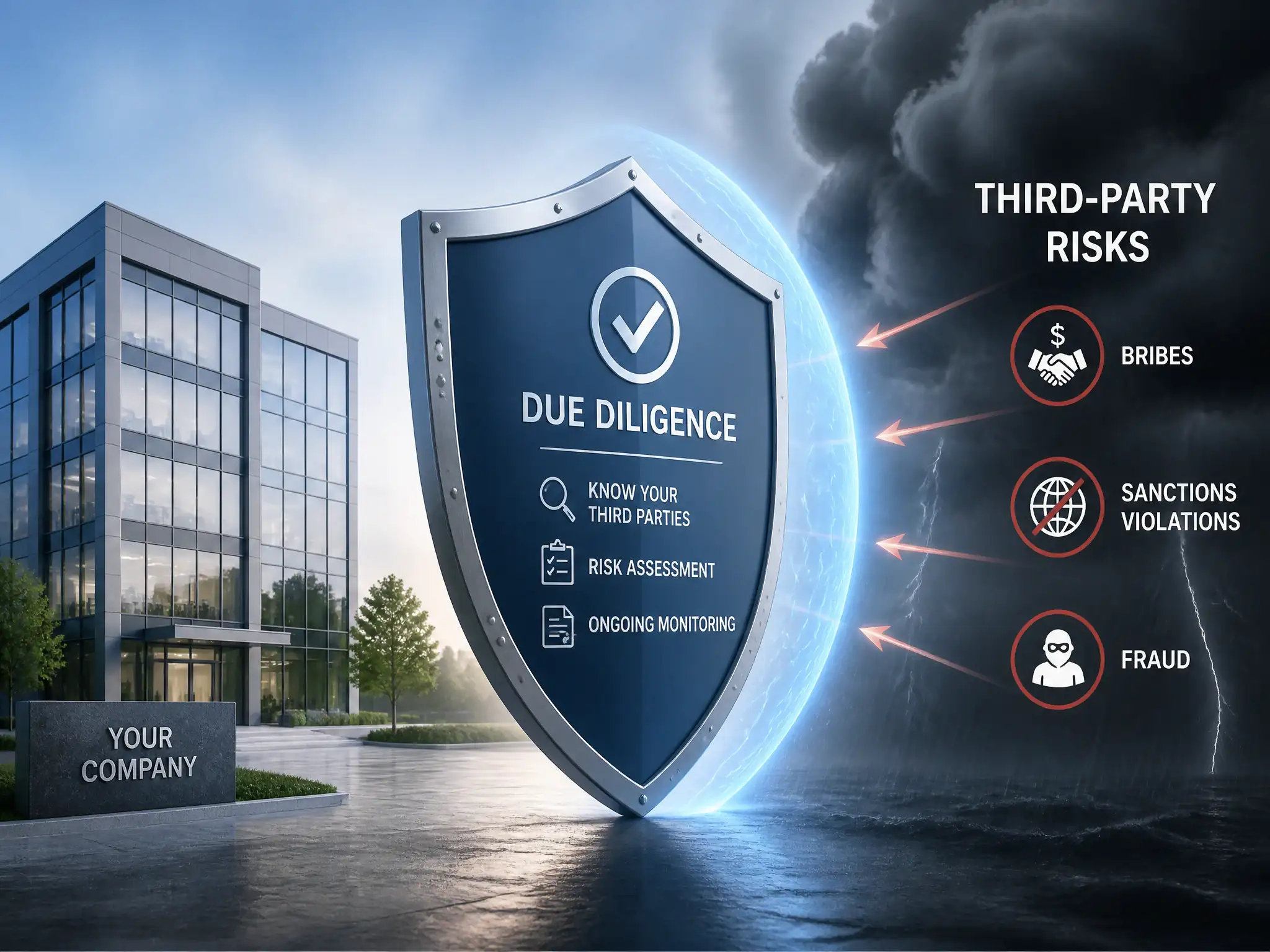 A protective shield icon positioned between a corporate building and a storm cloud representing 'Third-Party Risks' (bribes, sanctions violations, fraud), illustrating how due diligence acts as a buffer.