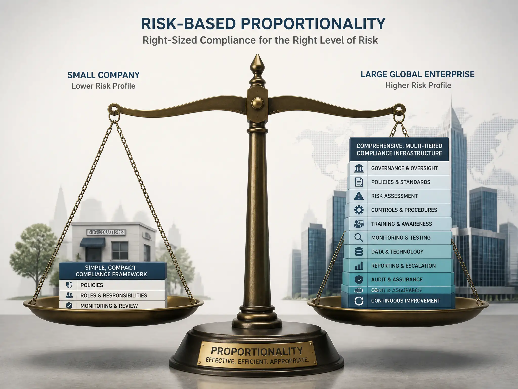 A scale showing a small company on one side balanced with a simple, compact compliance framework, and a large global enterprise on the other side balanced with a comprehensive, multi-tiered compliance infrastructure, representing risk-based proportionality.