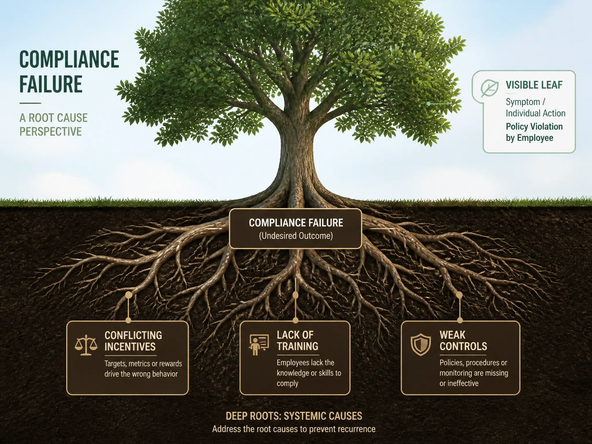 A tree diagram representing a compliance failure, showing the visible leaves (the symptom/individual action) connected down to the deep roots underground representing systemic causes like 'conflicting incentives,' 'lack of training,' and 'weak controls.'