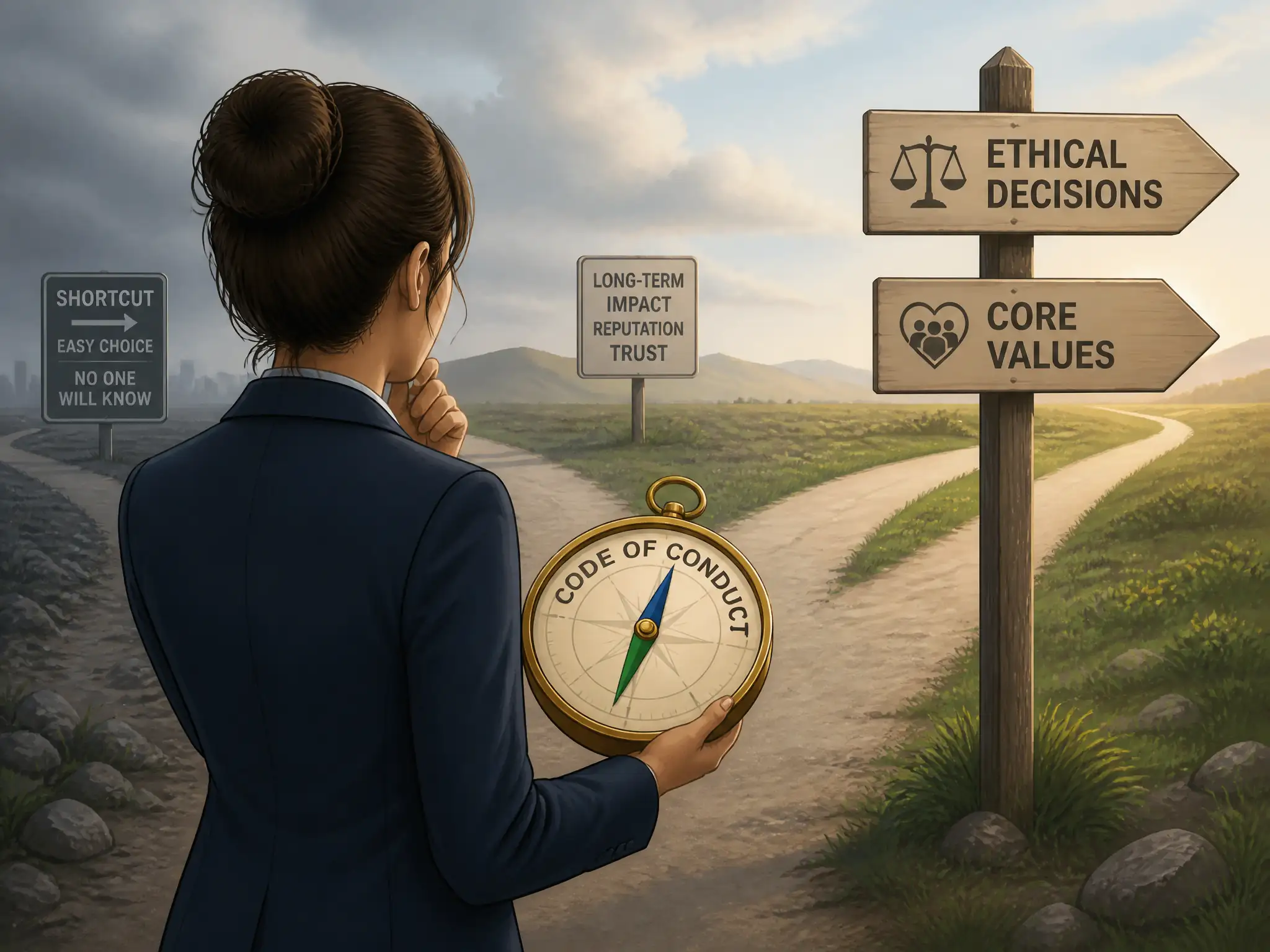 An illustration of an employee at a crossroads facing a complex decision, holding a compass labeled 'Code of Conduct' pointing towards 'Ethical Decisions' and 'Core Values.'