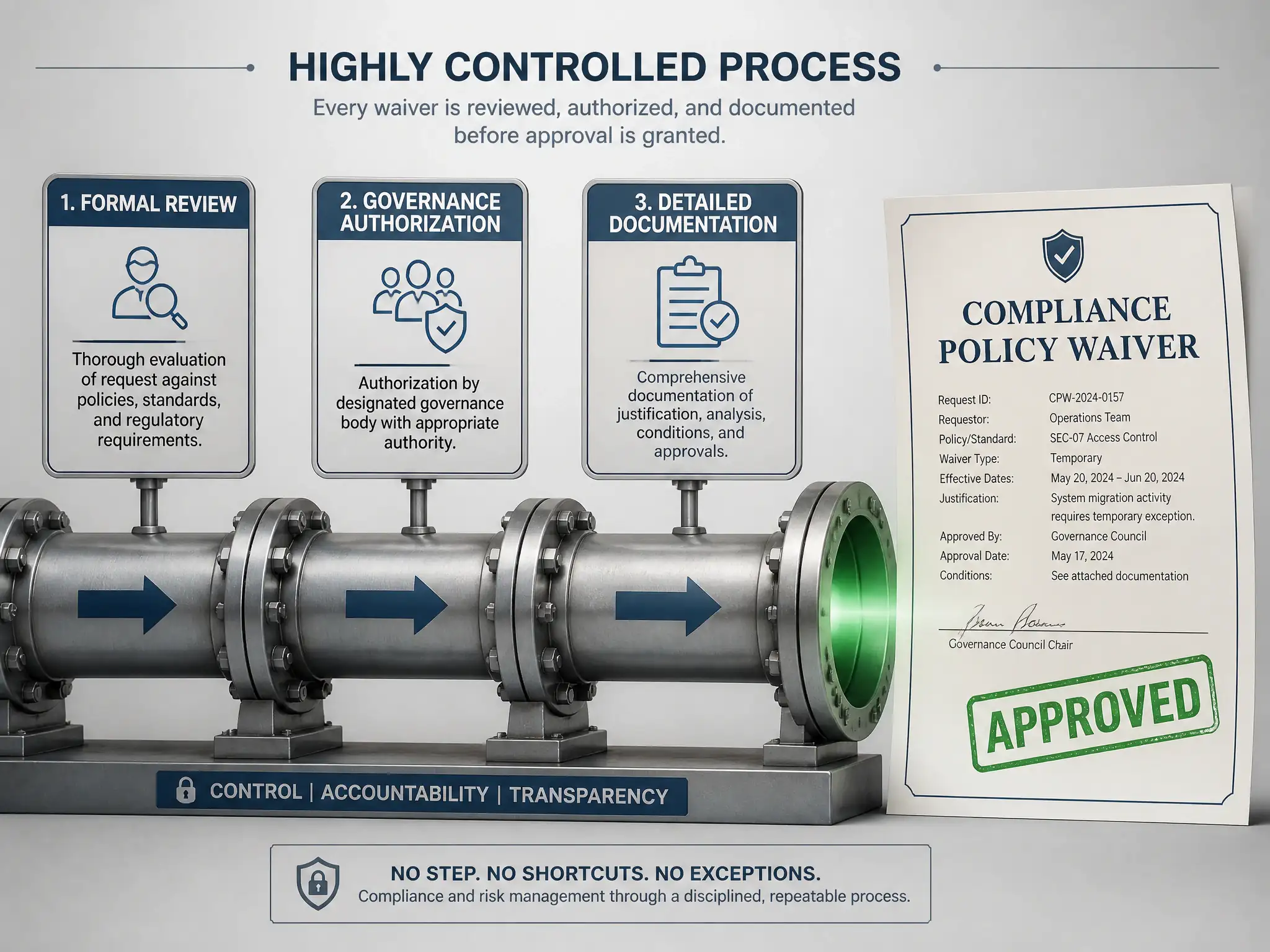 A document labeled 'Compliance Policy Waiver' stamped with 'Approved' only after passing through a pipeline of 'Formal Review', 'Governance Authorization', and 'Detailed Documentation', indicating a highly controlled process.
