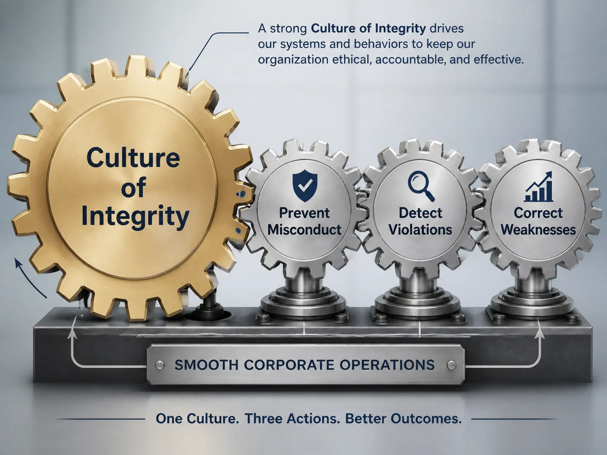 A gear system where a large gear labeled 'Culture of Integrity' drives smaller gears labeled 'Prevent Misconduct,' 'Detect Violations,' and 'Correct Weaknesses' to maintain smooth corporate operations.