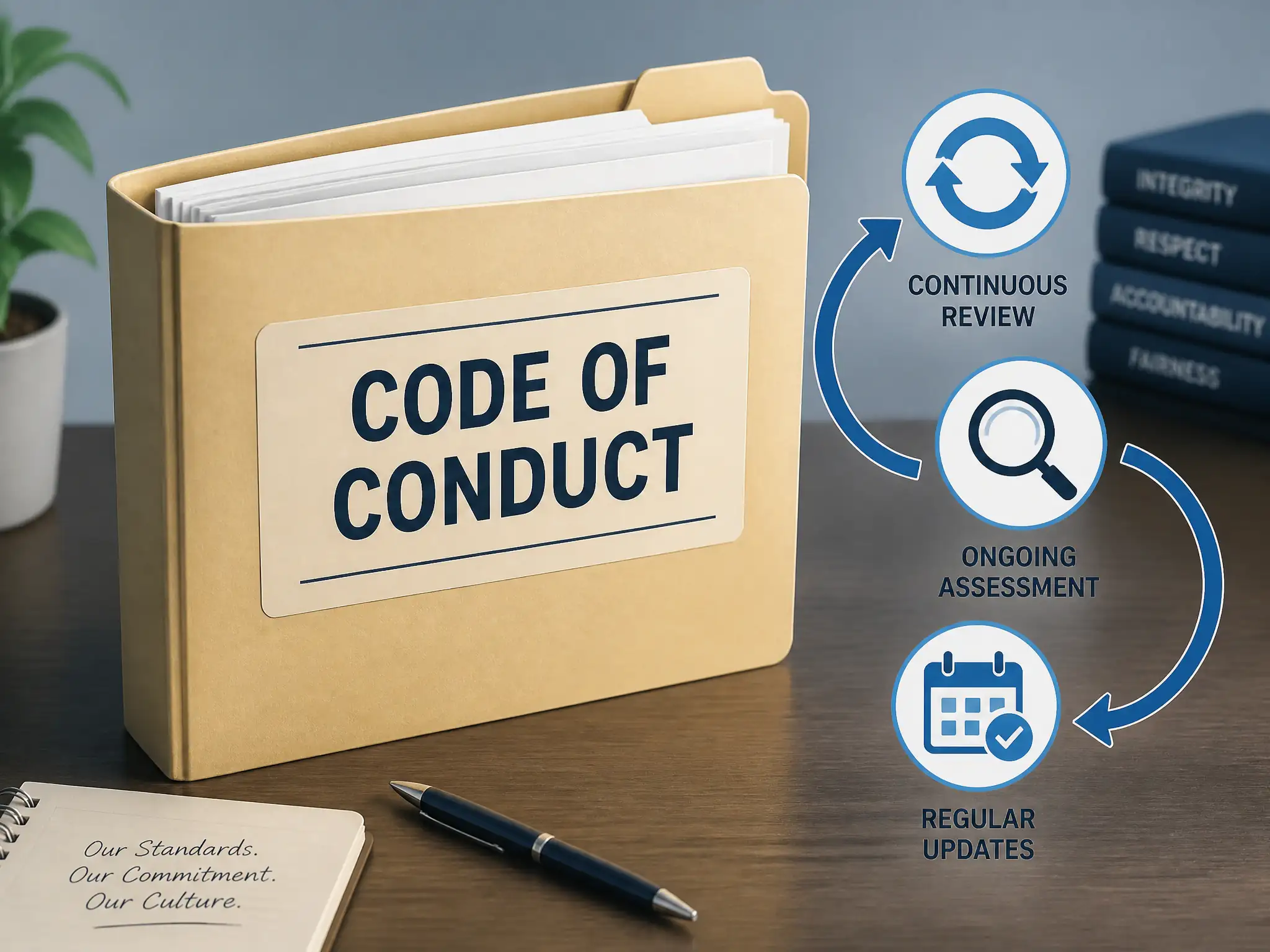 An open folder labeled 'Code of Conduct' with icons showing update cycles (arrows, magnifying glass, and calendar), symbolizing continuous review and revision.