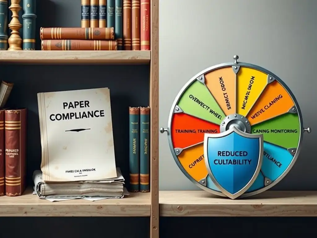 A visual contrast showing a "Paper Compliance" handbook gathering dust on a shelf versus an active, multi-layered compliance wheel representing the 7 elements of an effective compliance program (oversight, training, monitoring, etc.) leading to a shield labeled "Reduced Culpability."