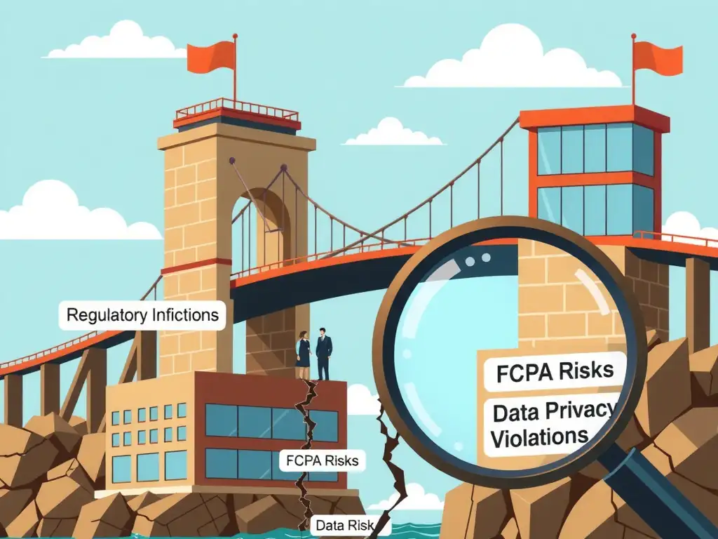An illustration depicting a bridge connecting two corporate buildings (representing the acquiring company and the target company), with a magnifying glass examining the foundations of the target building to uncover cracks labeled "Regulatory Infractions," "FCPA Risks," and "Data Privacy Violations."