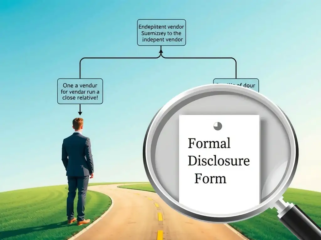A decision tree diagram showing an employee at a crossroads: one path leads to a vendor run by a close relative, and the other leads to an independent vendor. A magnifying glass highlights the step of "Formal Disclosure Form" submitted to the compliance department to resolve the conflict.