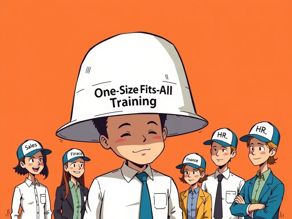 A cartoon comparing a single massive, oversized hat labeled "One-Size-Fits-All Training" falling over the eyes of various employees, versus customized hats (labeled "Sales," "Finance," "HR") that fit each employee perfectly.
