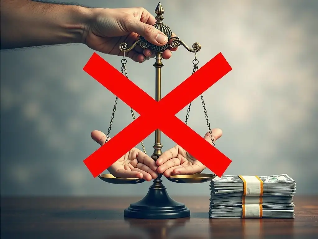A scale of justice with corporate integrity on one side and a stack of money on the other. Red slash symbols cross out hands exchanging money, highlighting the absolute prohibition of corrupt payments.