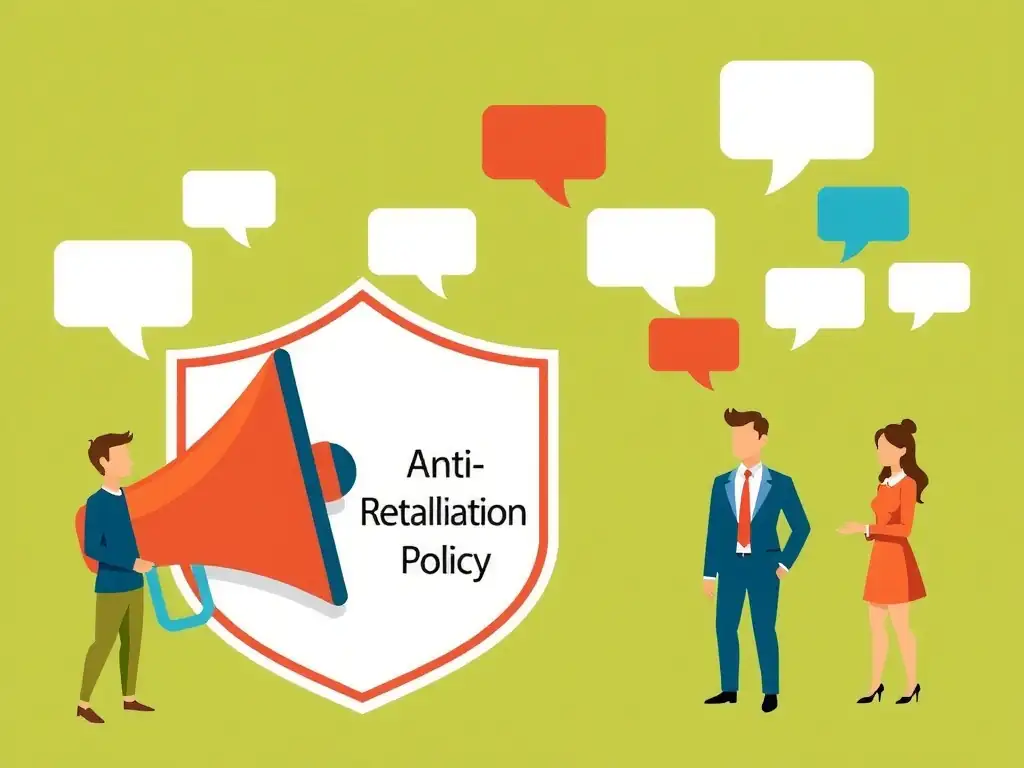 A megaphone icon alongside a shield labeled "Anti-Retaliation Policy," showing speech bubbles rising from diverse employees toward a compliance officer, illustrating open, protected communication.
