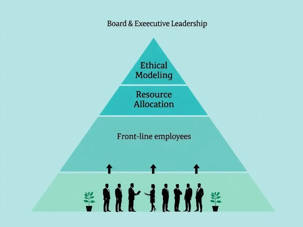 A pyramid chart showing "Board and Executive Leadership" at the top radiating arrows of "Ethical Modeling" and "Resource Allocation" down through managers to front-line employees.