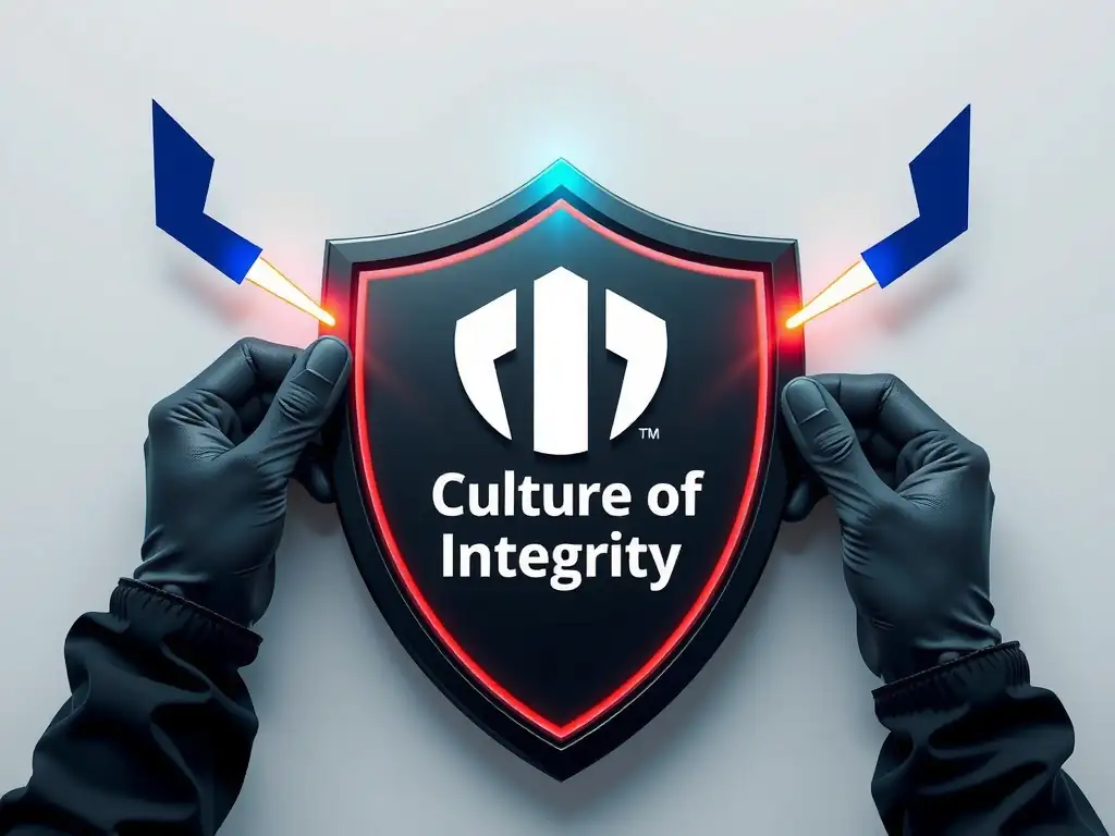 A shield protecting a corporate logo from external lightning bolts labeled "Fines," "Lawsuits," and "Reputational Loss," with the core of the shield glowing and labeled "Culture of Integrity."