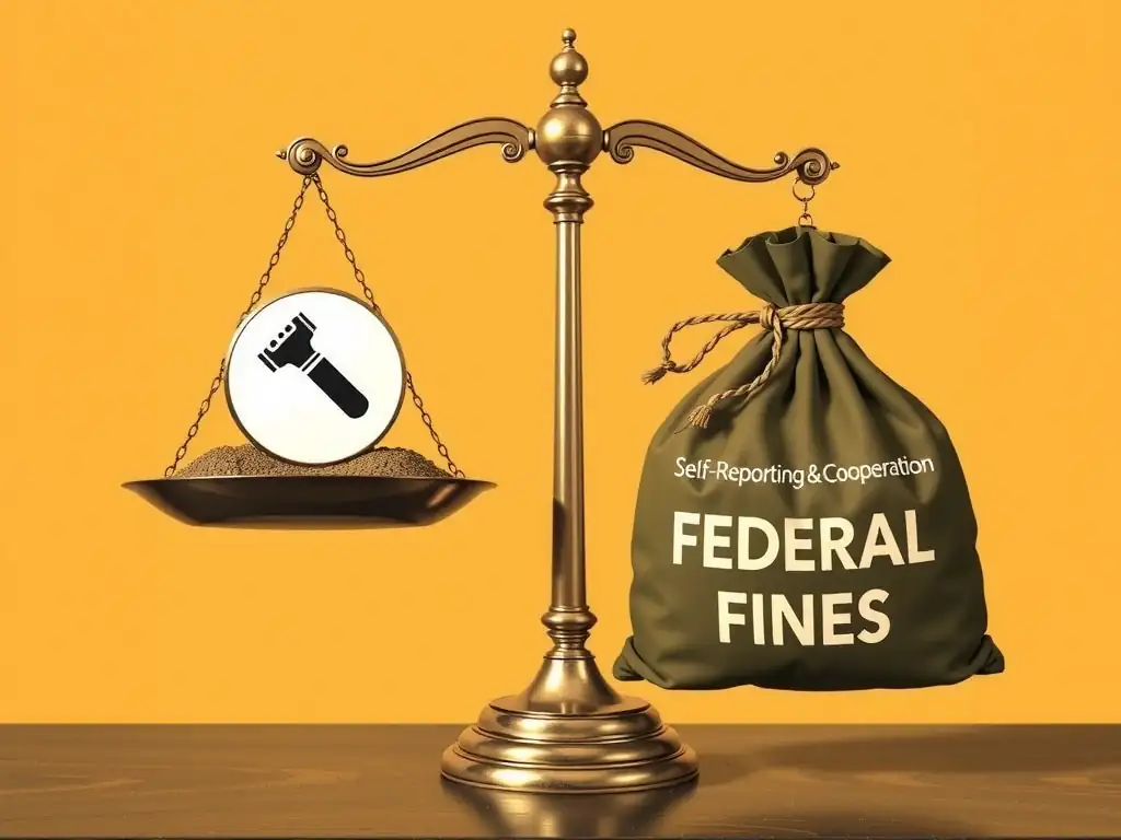 A balance scale showing a "Self-Reporting & Cooperation" icon pulling down the weight of a heavy bag labeled "Federal Fines," showing the fine shrinking as cooperation increases.