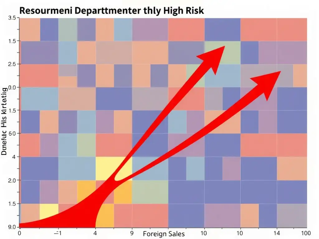 A heatmap chart showing various business departments (e.g., Foreign Sales, Domestic Marketing, HR, Facilities) colored by risk level, with large resource arrows directed toward the red "High Risk" zones.