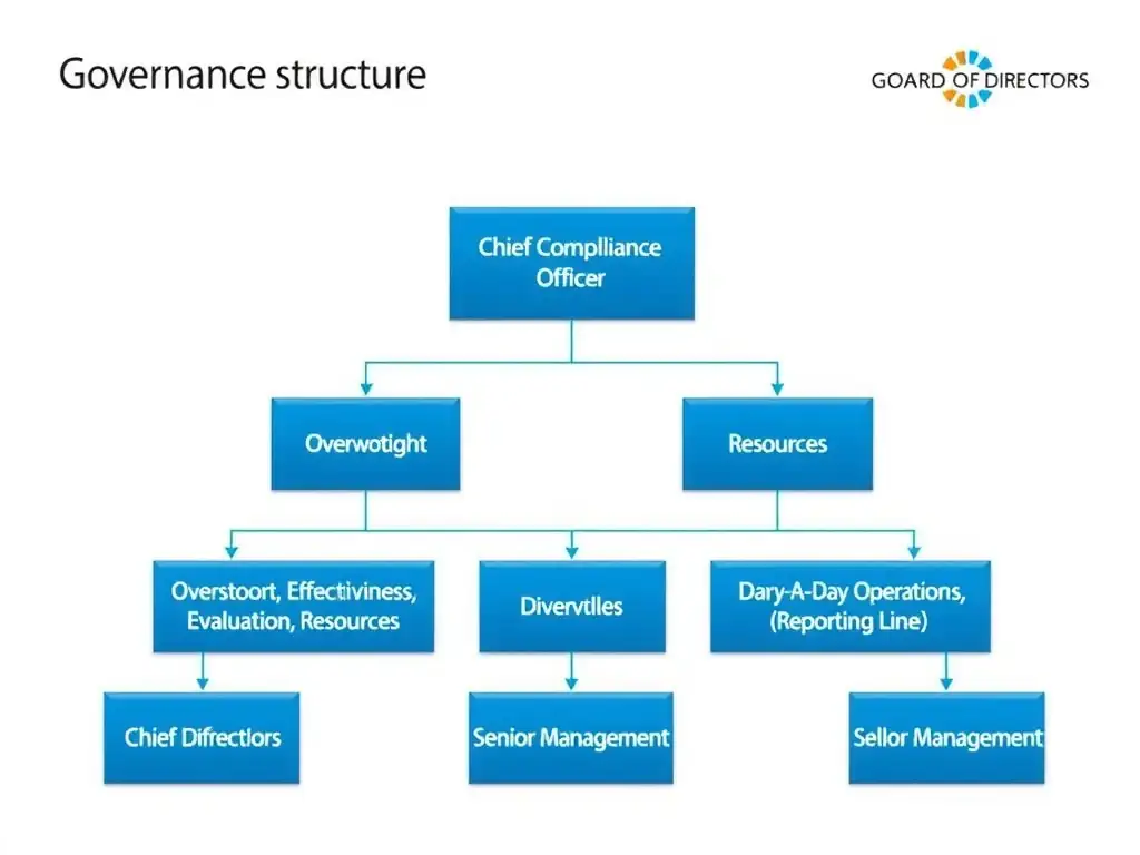 Governance structure diagram mapping the relationship between the Board of Directors (oversight, effectiveness evaluation, resources), the Chief Compliance Officer (day-to-day operations, reporting line), and senior management.