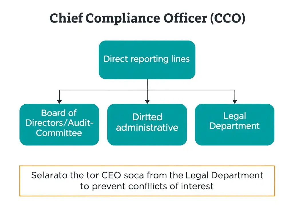 An organizational chart illustrating the reporting lines of the Chief Compliance Officer (CCO), showing a direct reporting path to the Board of Directors/Audit Committee and a dotted administrative line to the CEO, highlighting the separation from the Legal Department to prevent conflicts of interest.