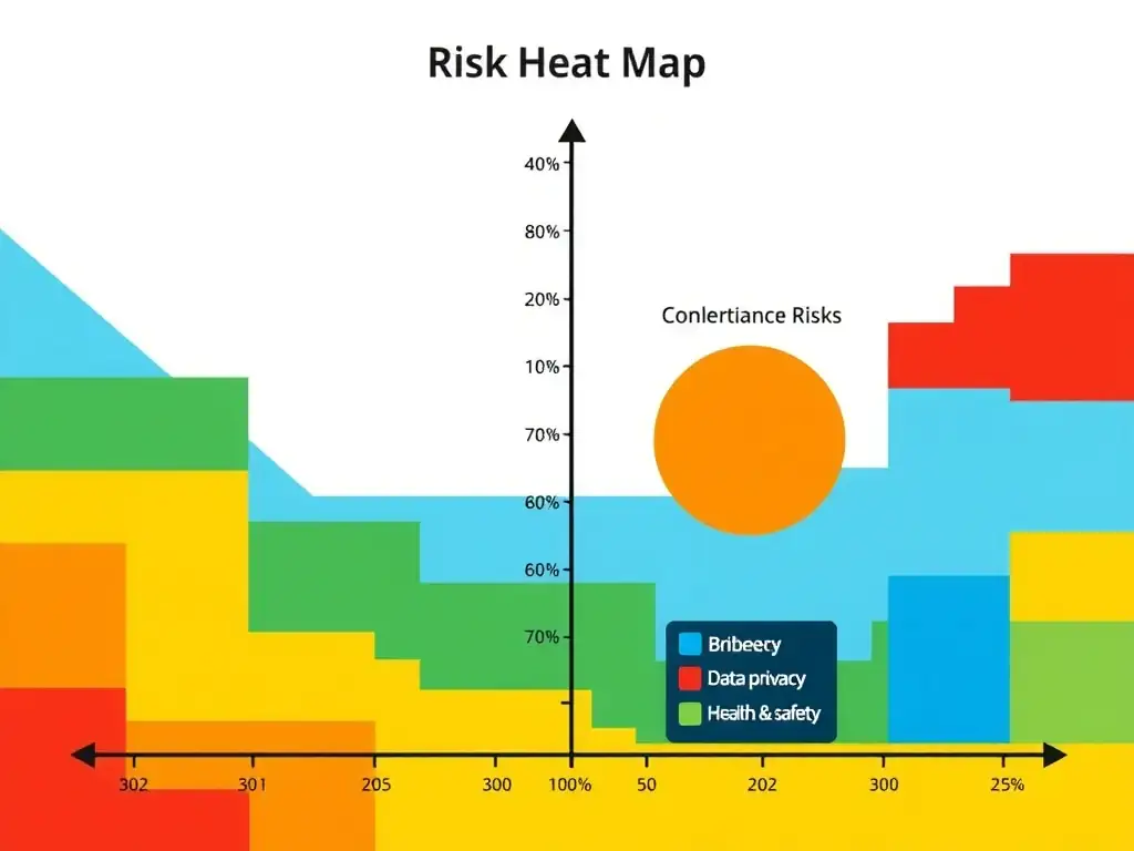 A risk heat map showing likelihood on one axis and impact on the other axis, with specific compliance risks (e.g., bribery, data privacy, health & safety) plotted to show how prioritization works.
