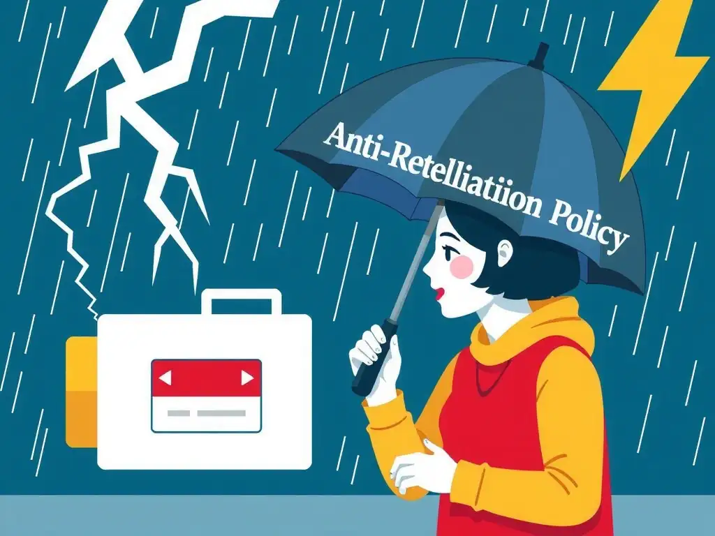 A graphic showing a whistleblower speaking into a secure reporting channel, protected by an umbrella labeled 'Anti-Retaliation Policy' shielding them from adverse workplace actions (represented as rain or lightning).